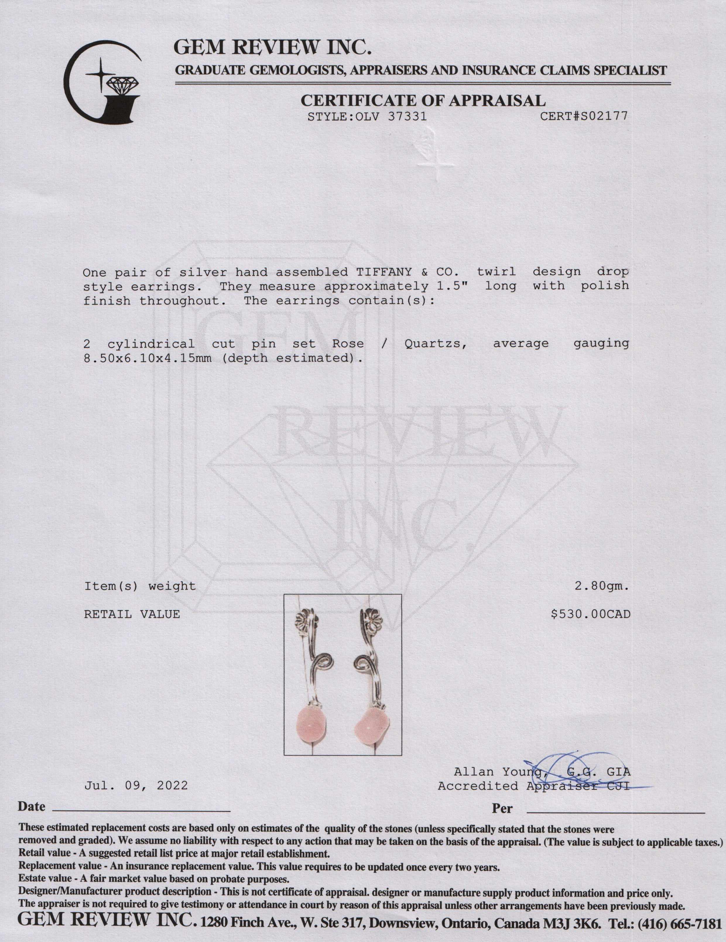 Tiffany & Co. Rose Quartz Twirl Drop Earrings