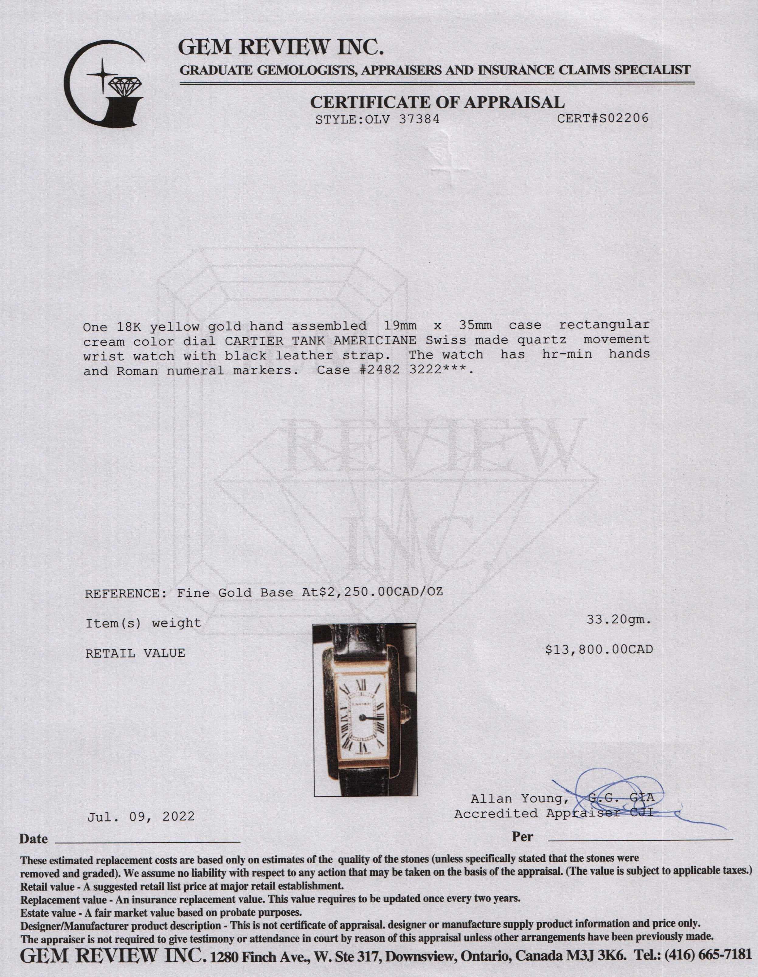 Cartier 18k Gold Tank Americaine Watch, Small Model w/ Box & Papers