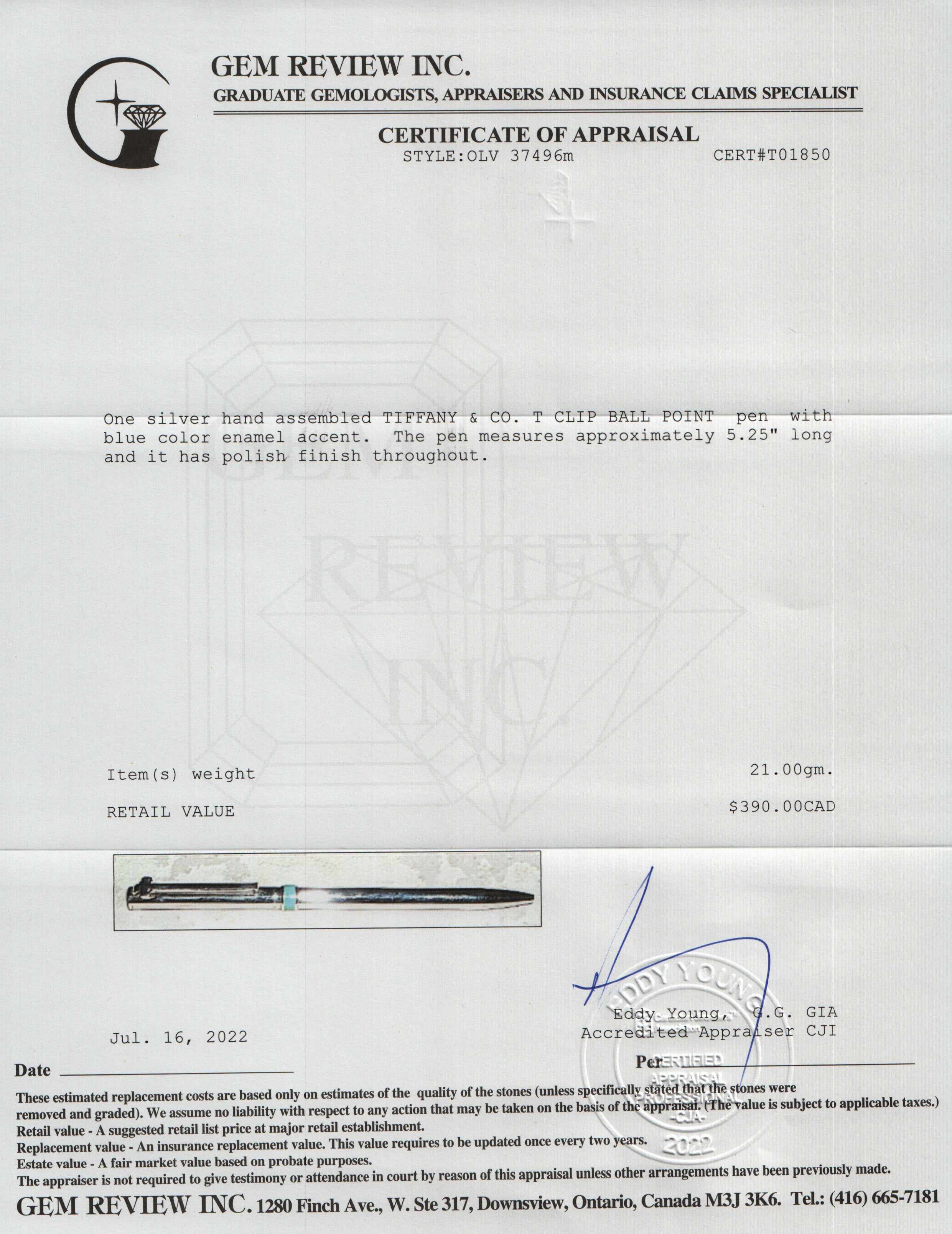 Tiffany & Co. Sterling Silver T-Clip Retractable Ballpoint Pen