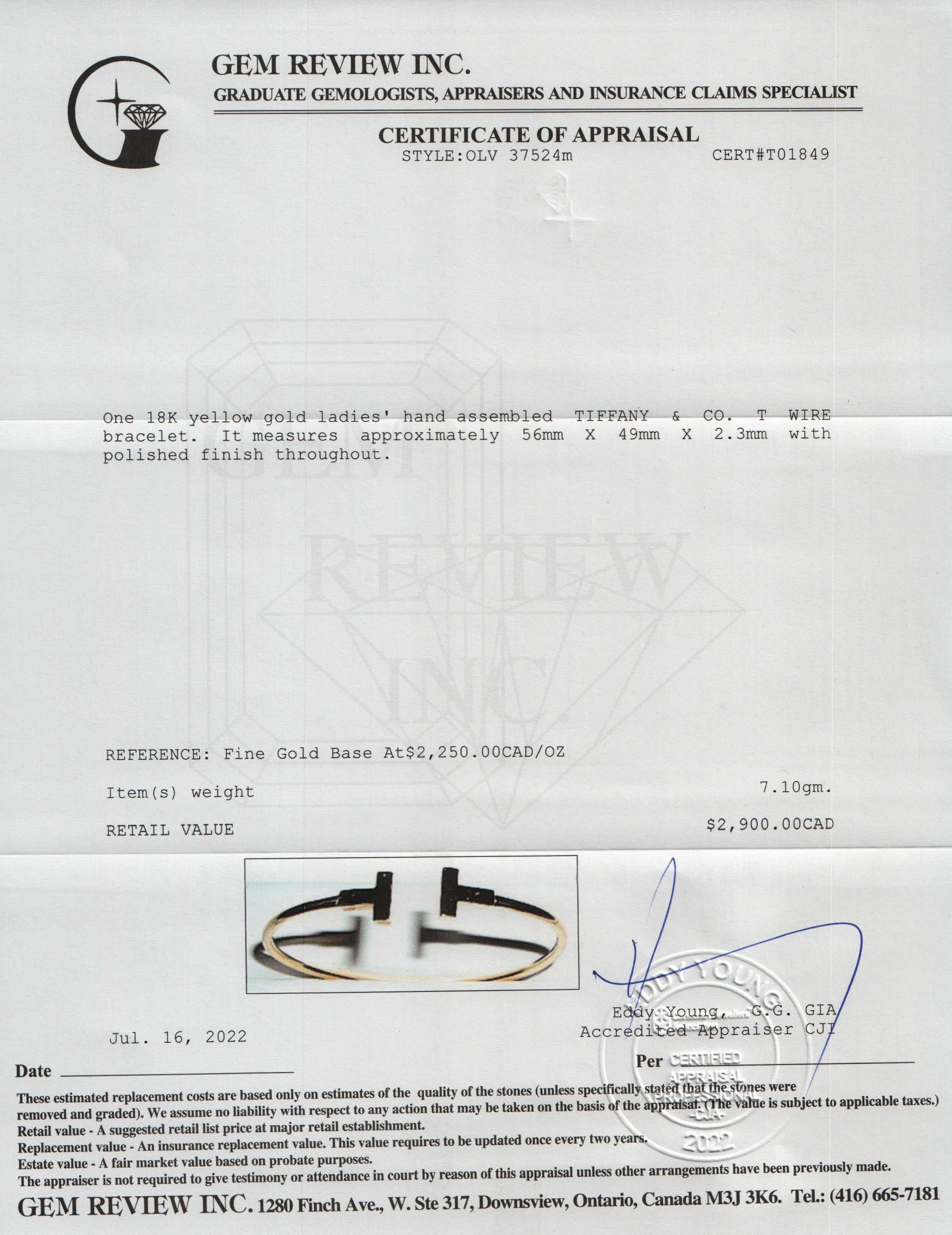 Tiffany & Co. 18k Gold T Wire Bracelet