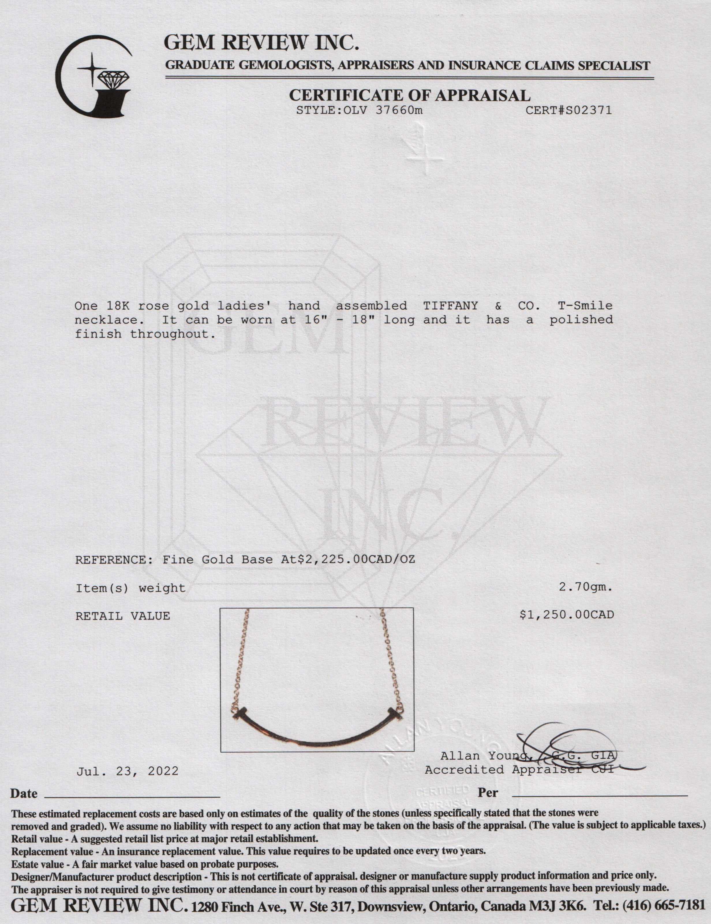 Tiffany & Co. 18k Rose Gold T Smile Pendant Necklace