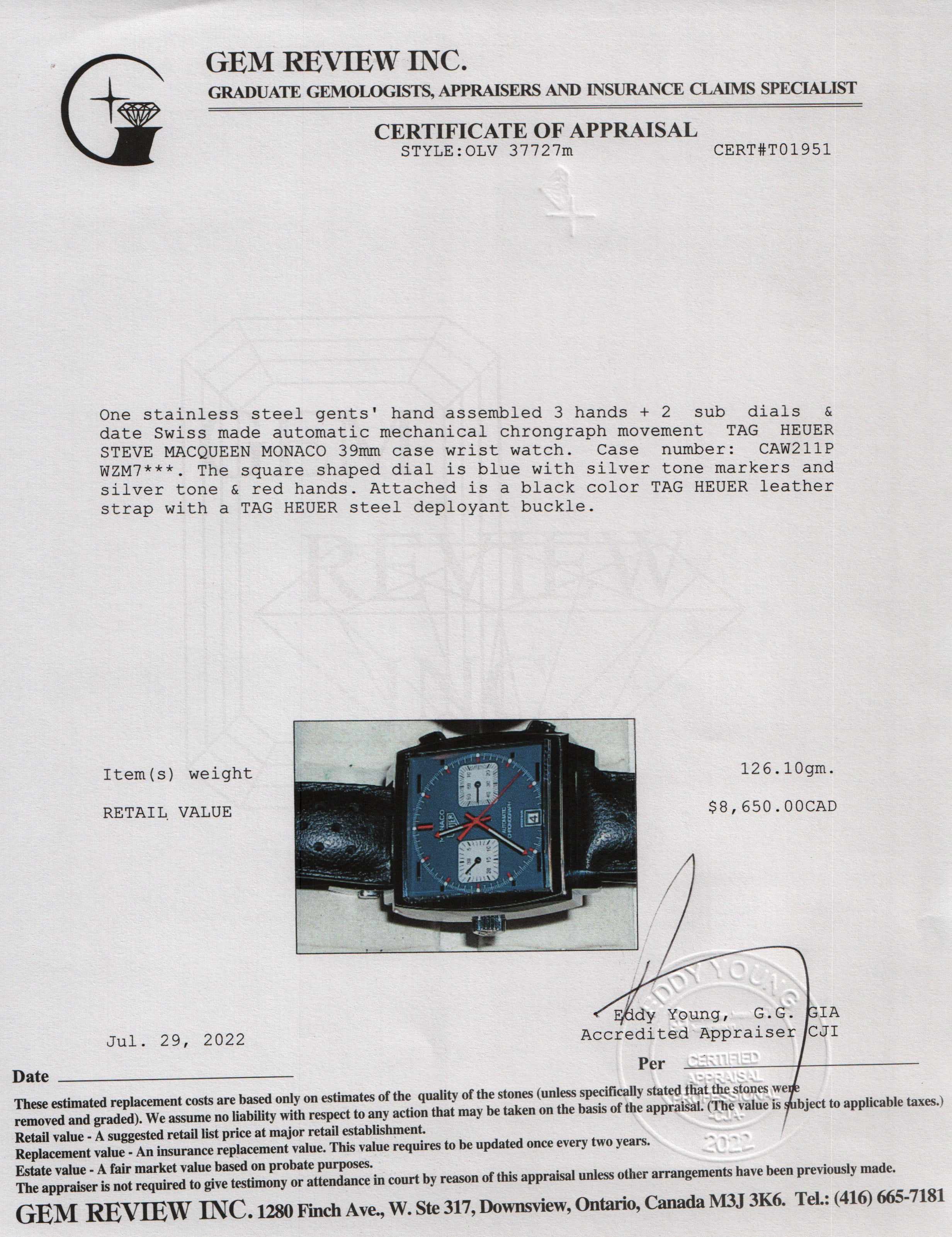 Tag Heuer Monaco Steve Mcqueen Automatic Chronograph Watch w/ Box & Papers