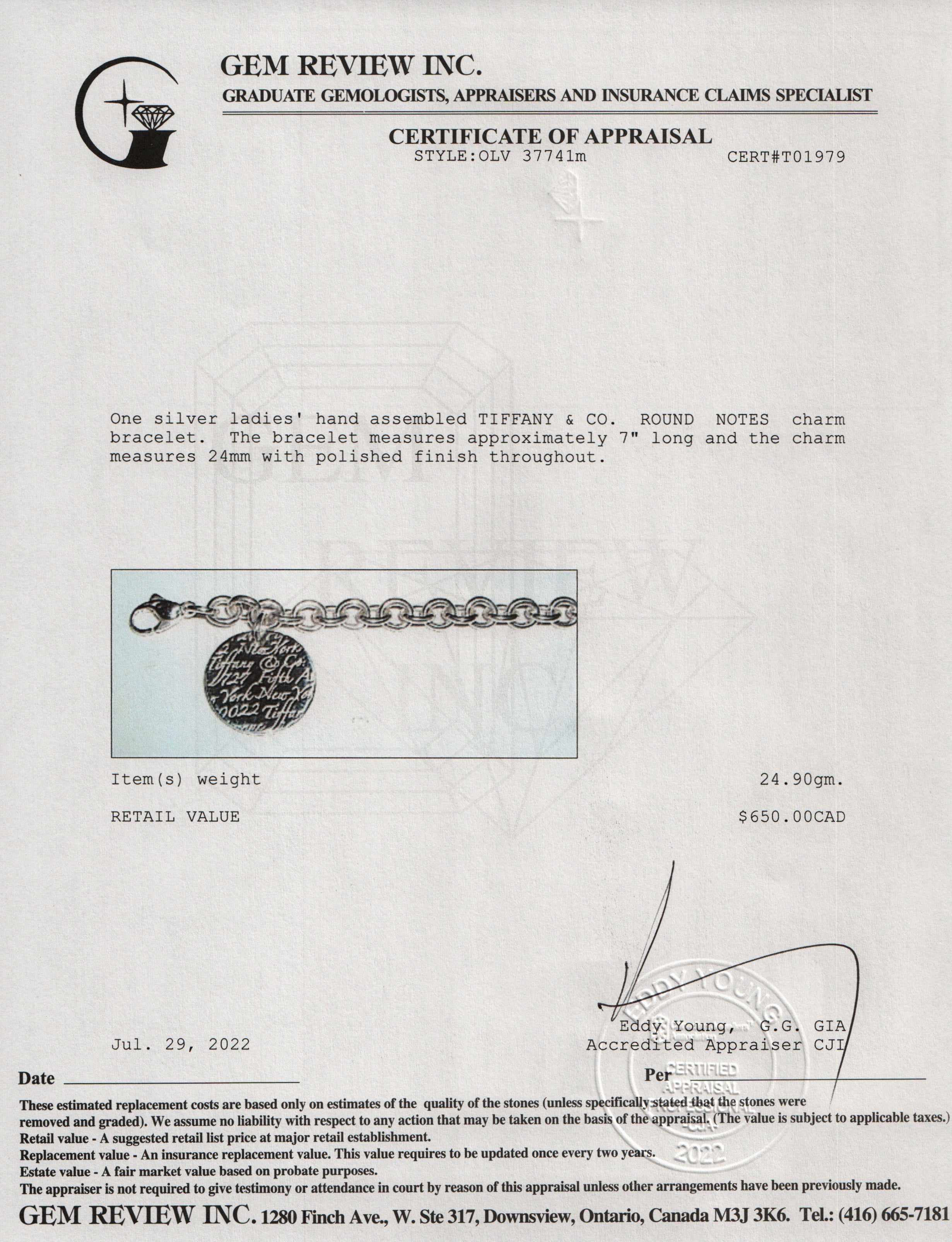 Tiffany & Co. Notes Round Tag Charm Bracelet