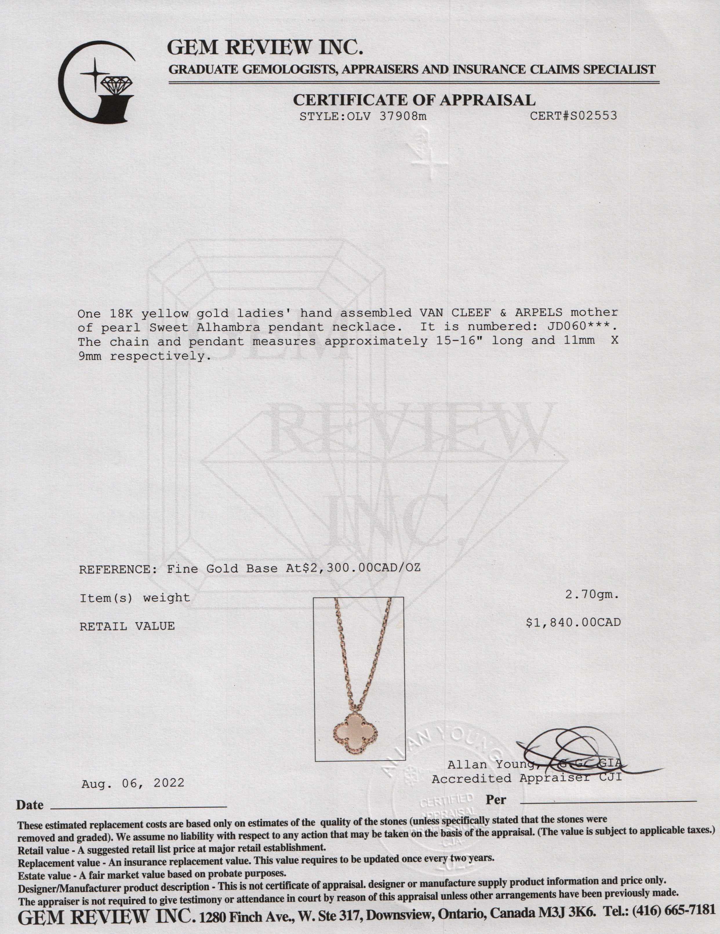 Van Cleef & Arpels Mother of Pearl Sweet Alhambra Pendant Necklace w/ Box & Certificate