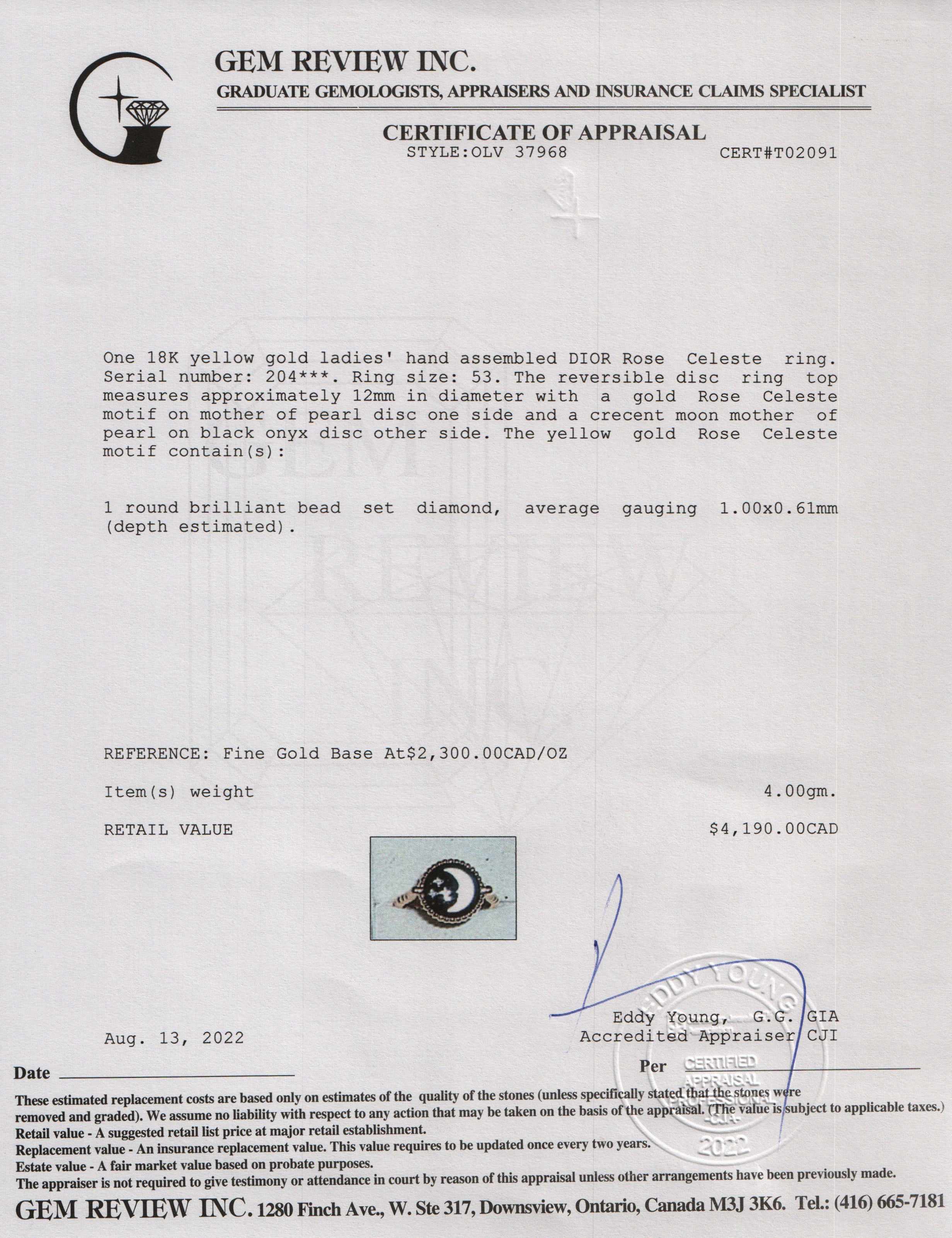 Christian Dior 18k Gold Diamond Rose Celeste Ring w/ Box & Certificate