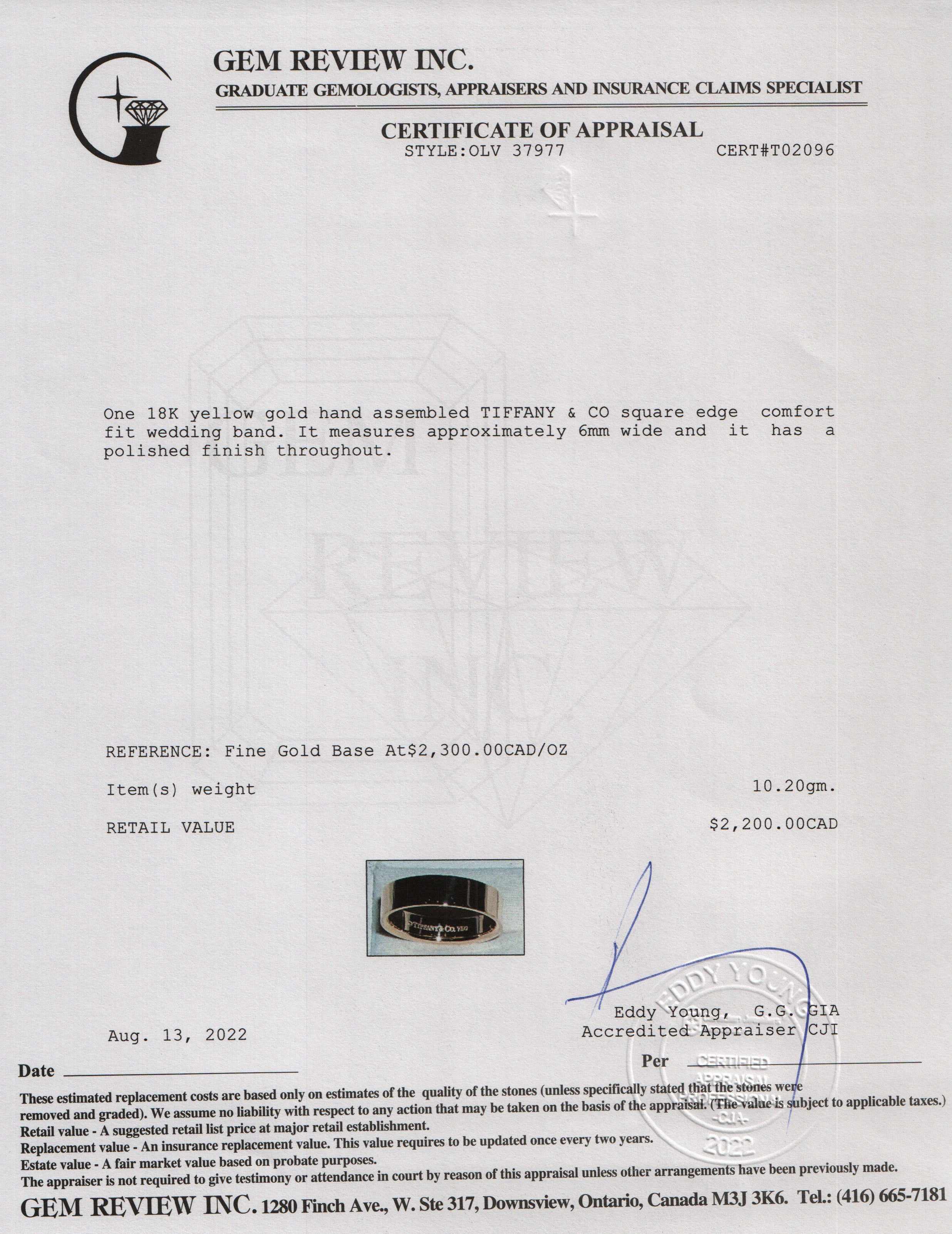 Tiffany & Co. 18k Gold Wedding Band Ring