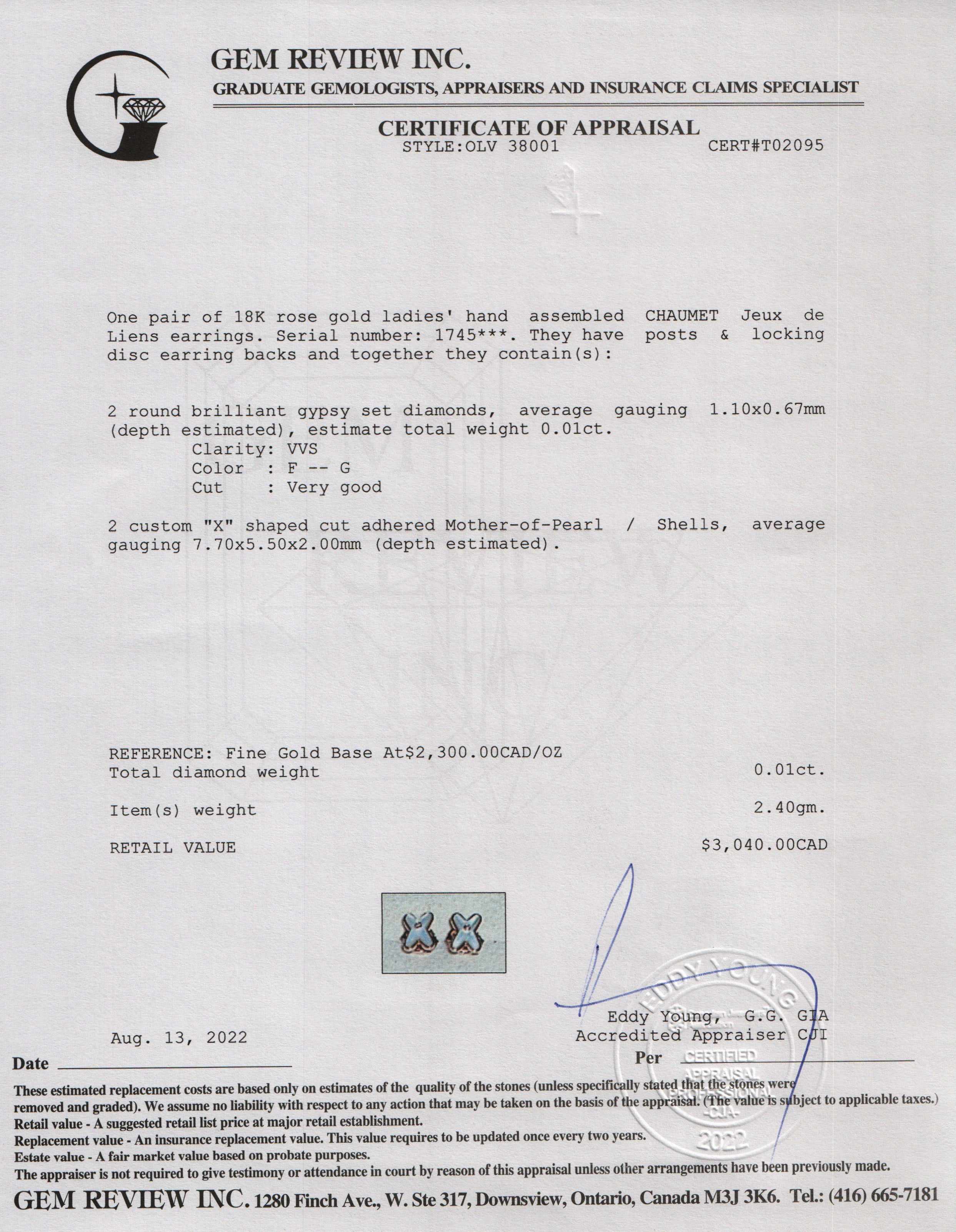 Chaumet 18k Rose Gold Jeux de Liens Mother of Pearl & Diamond Stud Earrings w/ Box