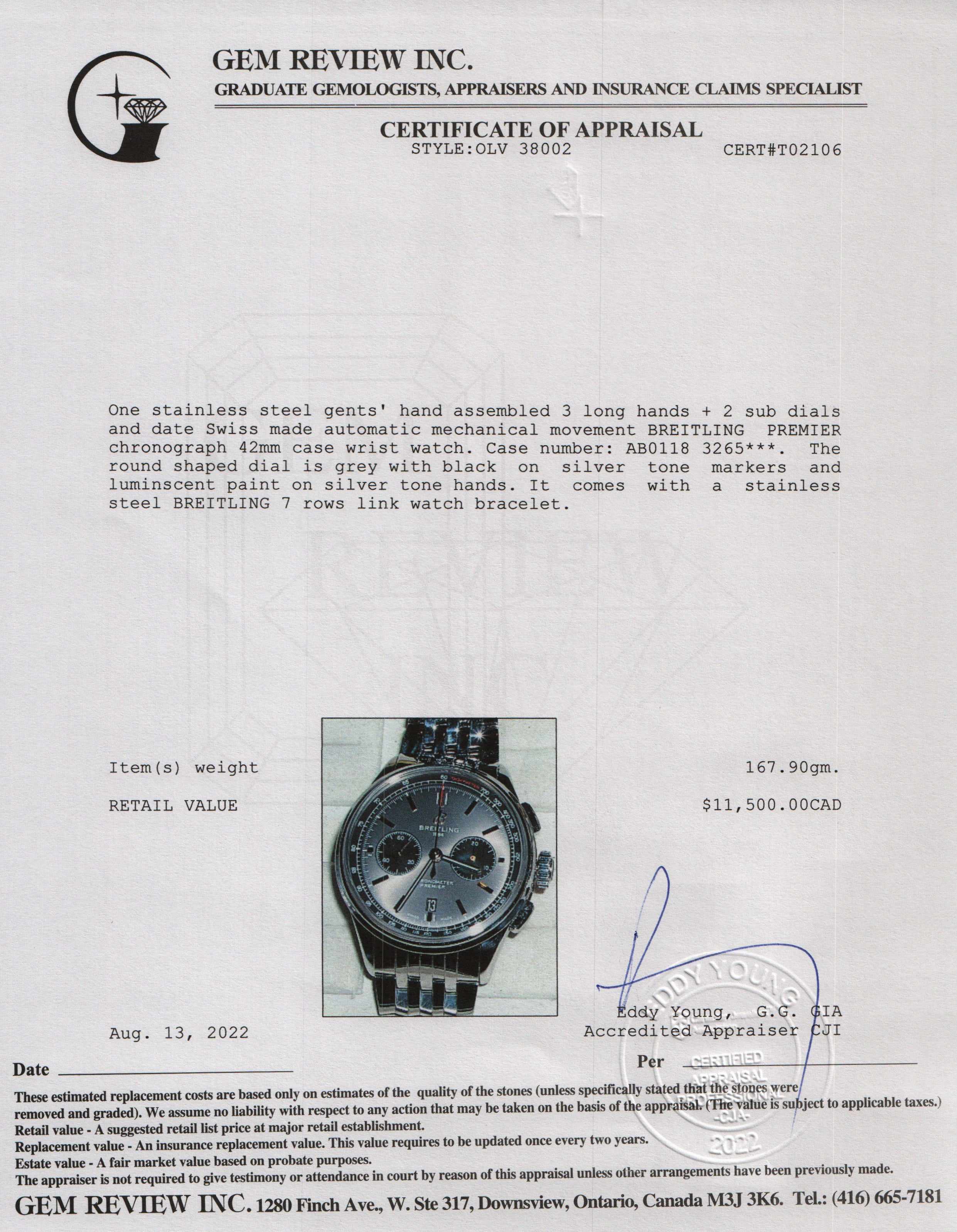 Breitling Premier Automatic Chronograph 42 mm Watch w/ Box & Certificate