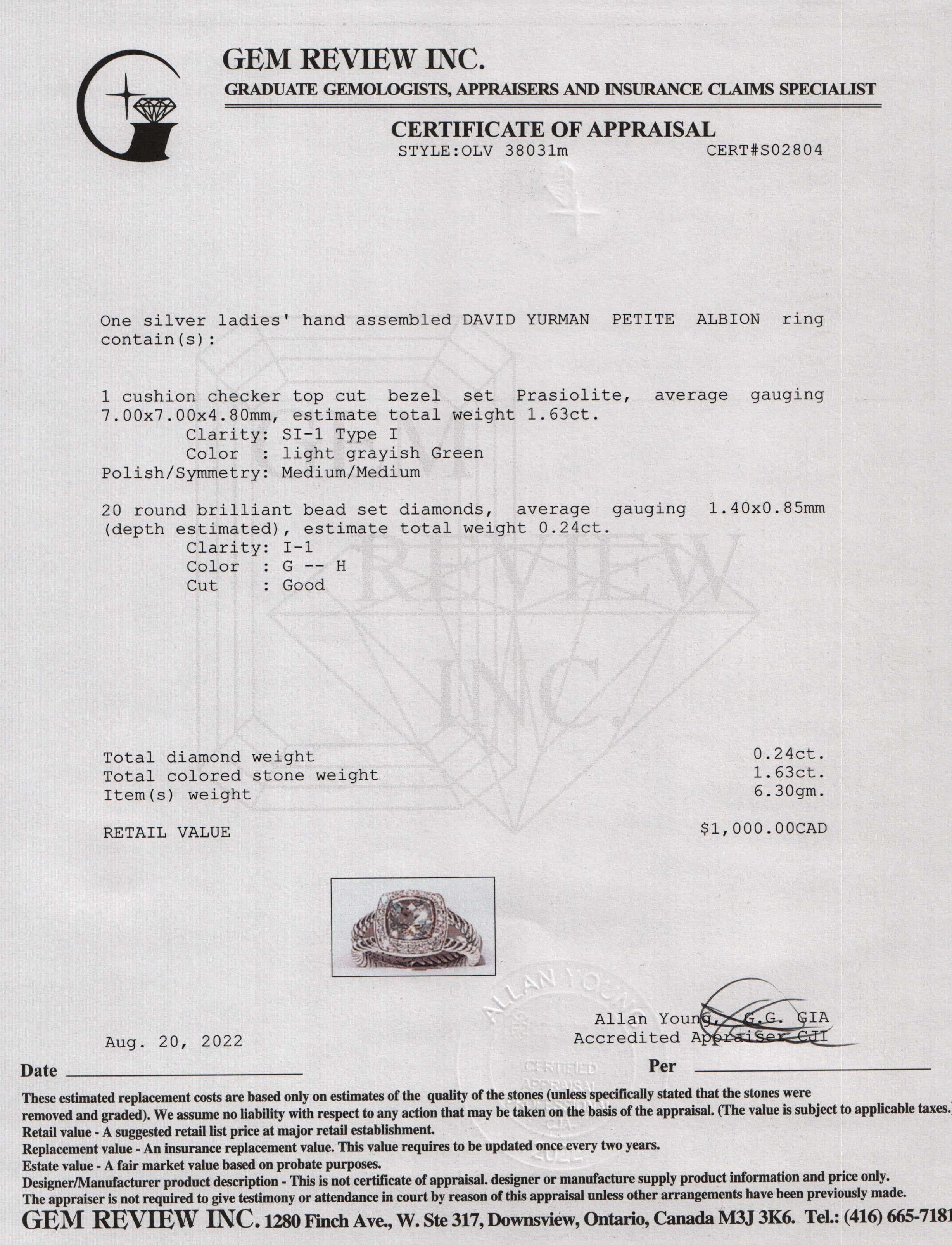 David Yurman Petite Albion Ring with Prasiolite and Diamonds