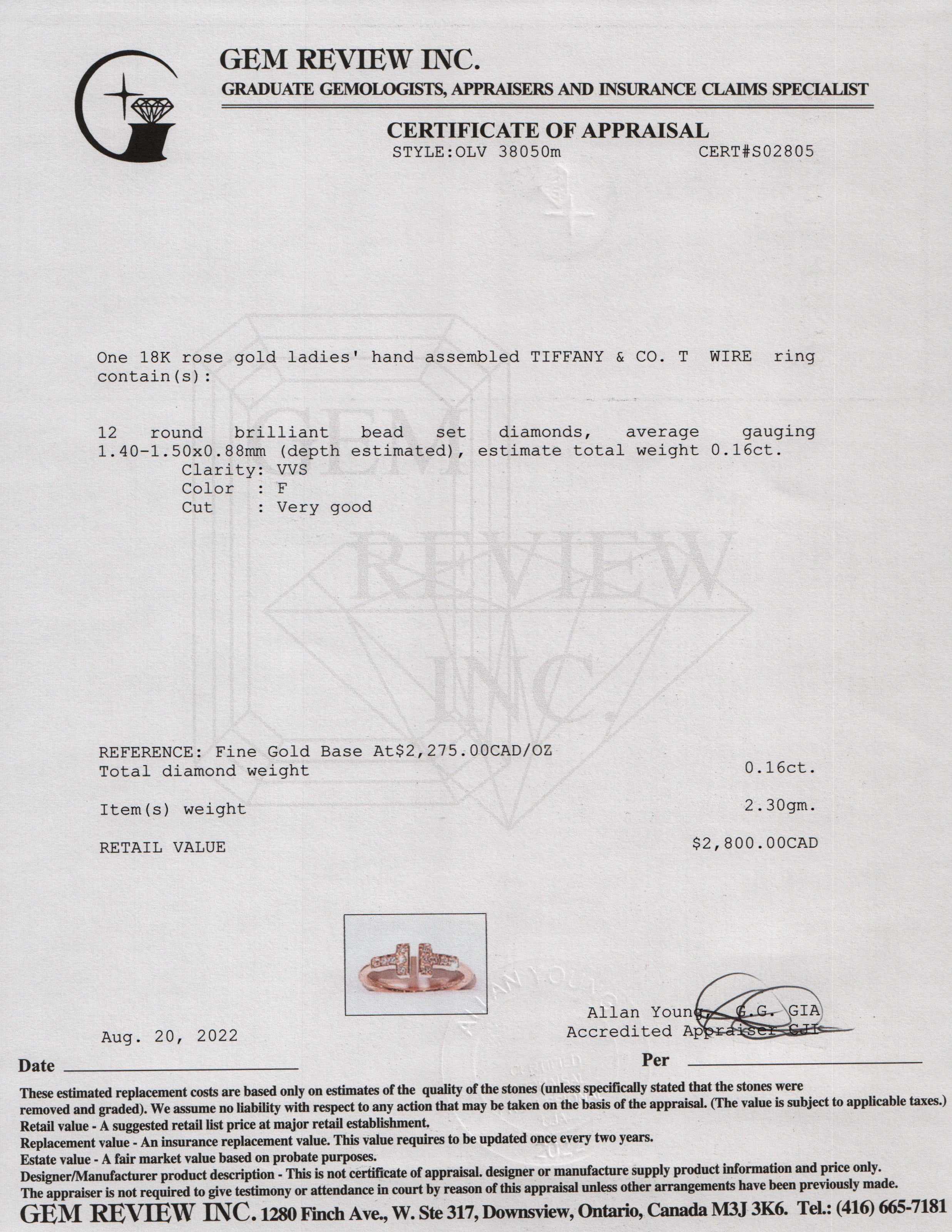 Tiffany & Co. 18k Rose Gold T Wire Diamond Ring w/ Box