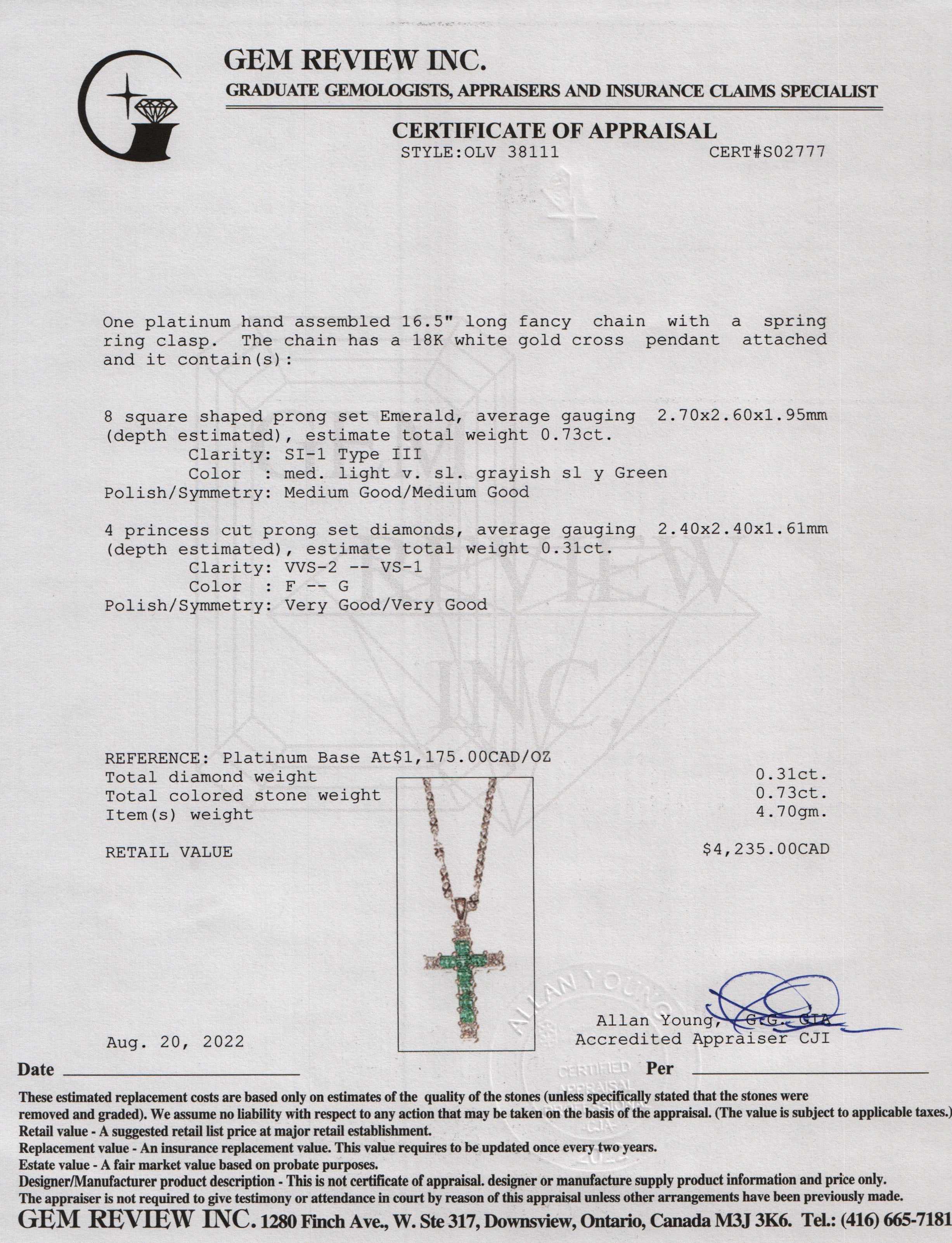 Platinum-18k White Gold Emerald & Diamond Cross Pendant Necklace