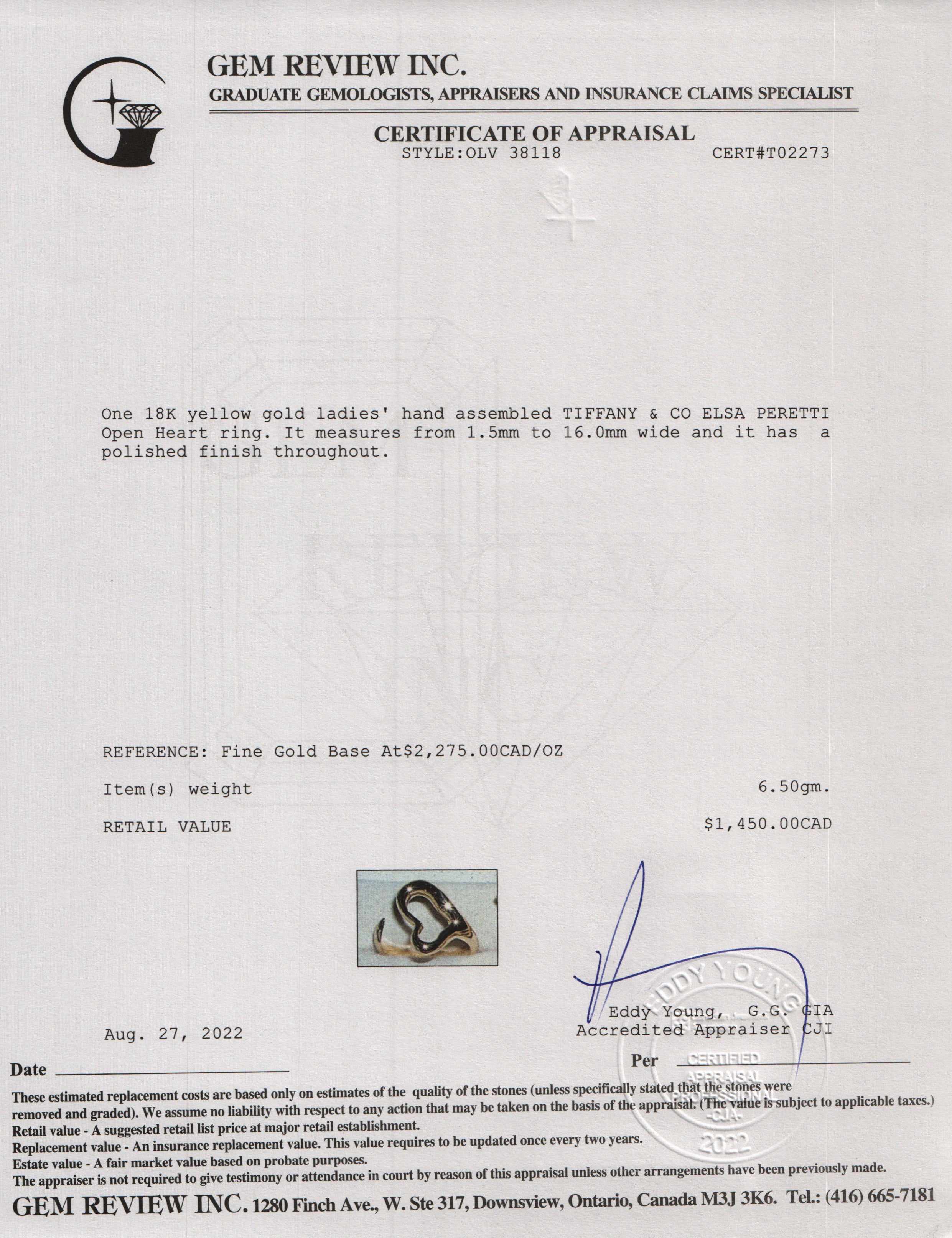 Tiffany & Co. Elsa Peretti 18k Gold Open Heart Ring