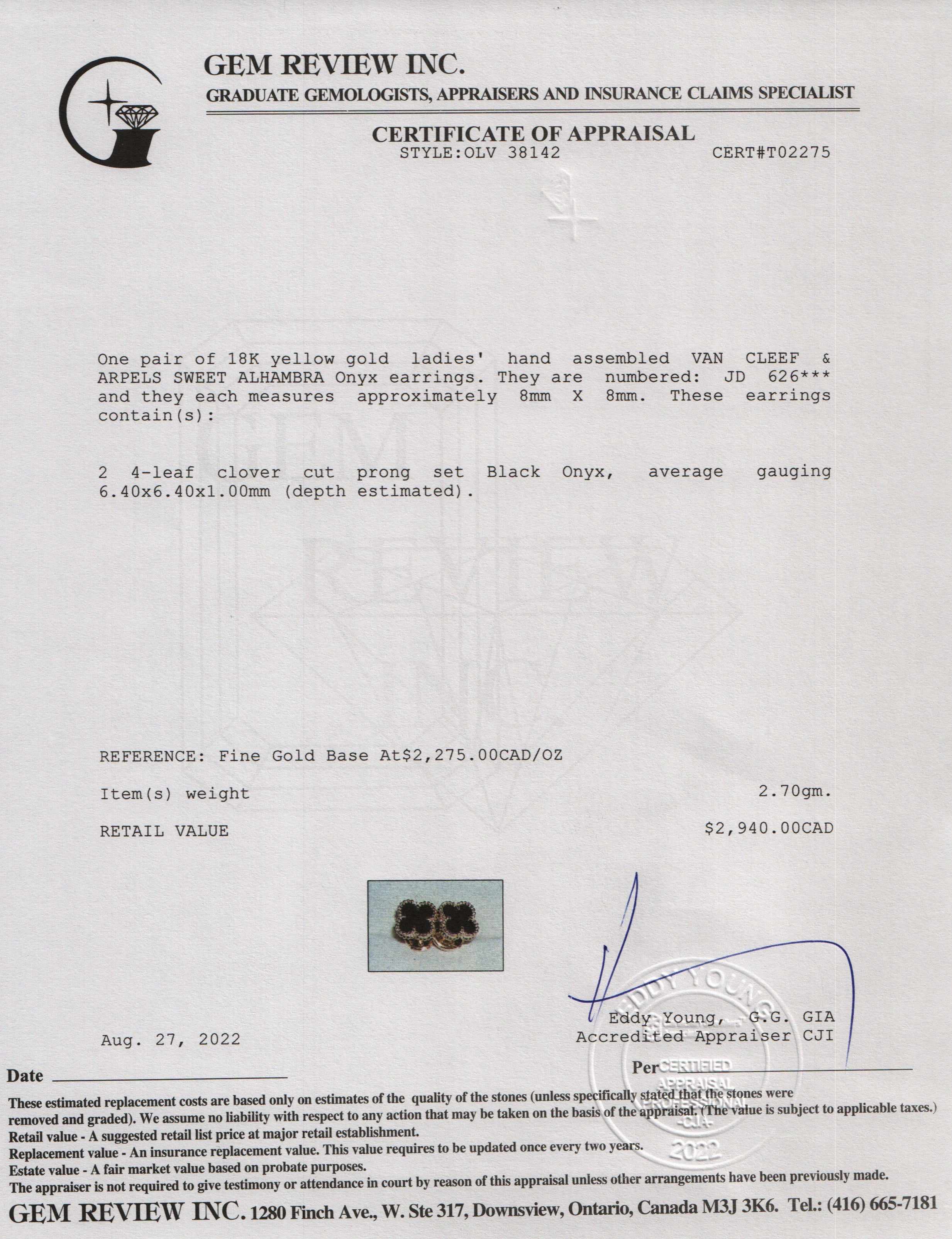 Van Cleef & Arpels Sweet Alhambra Onyx Stud Earrings w/ Box & Receipt