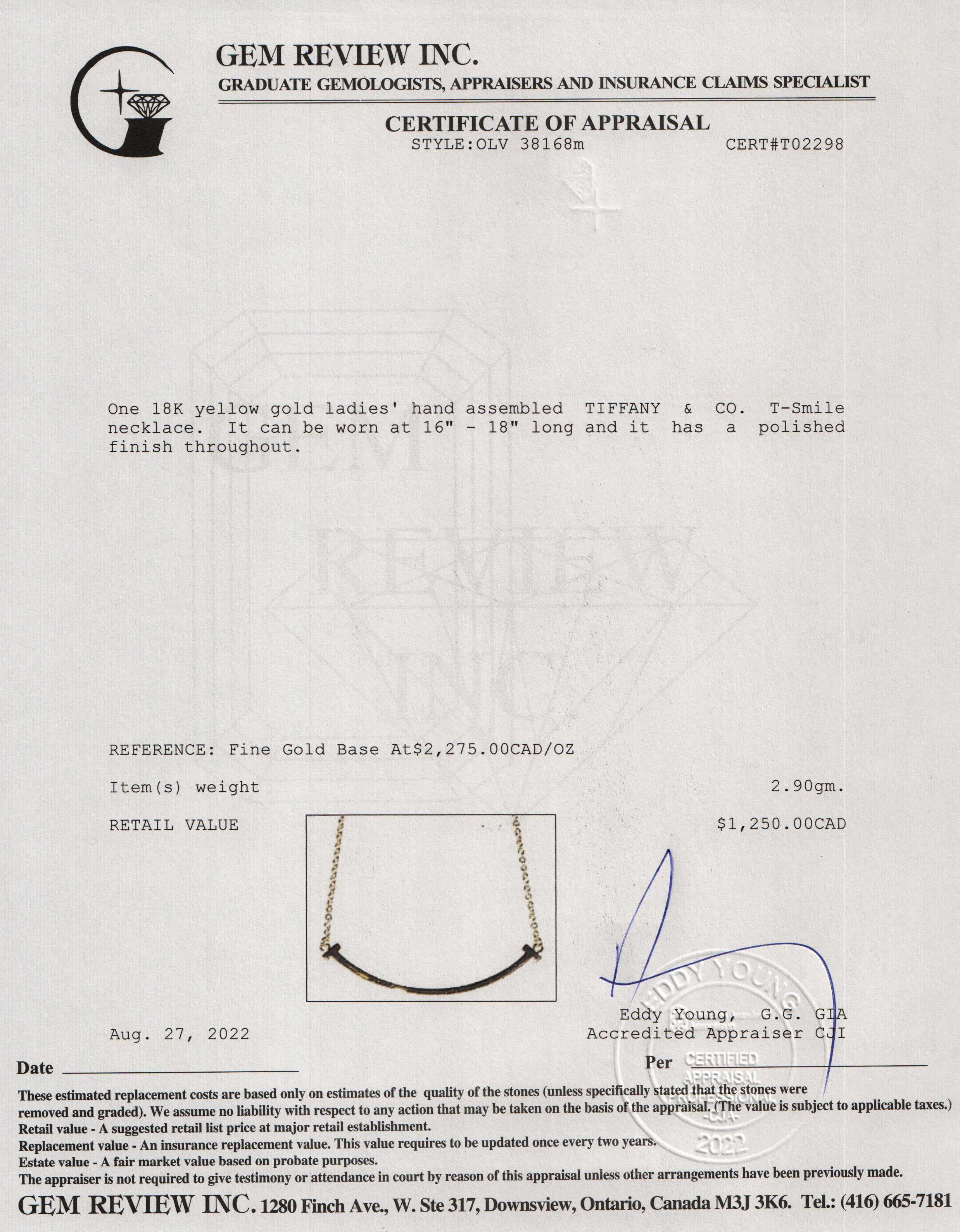 Tiffany & Co. 18k Yellow Gold T Smile Pendant Necklace