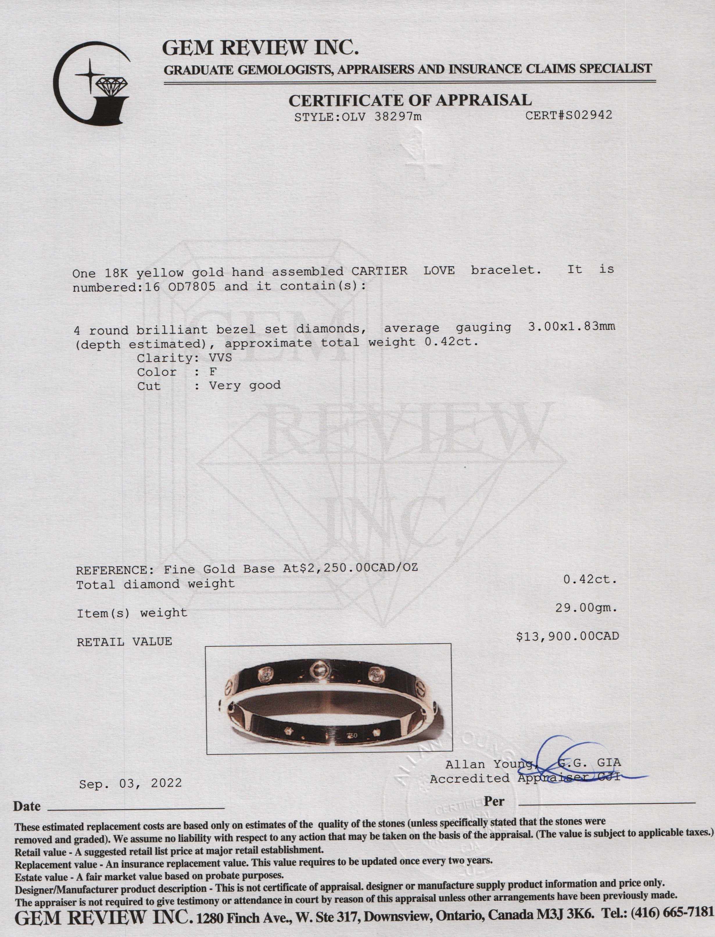 Cartier 18k Gold 4 Diamond Love Bracelet w/ Box
