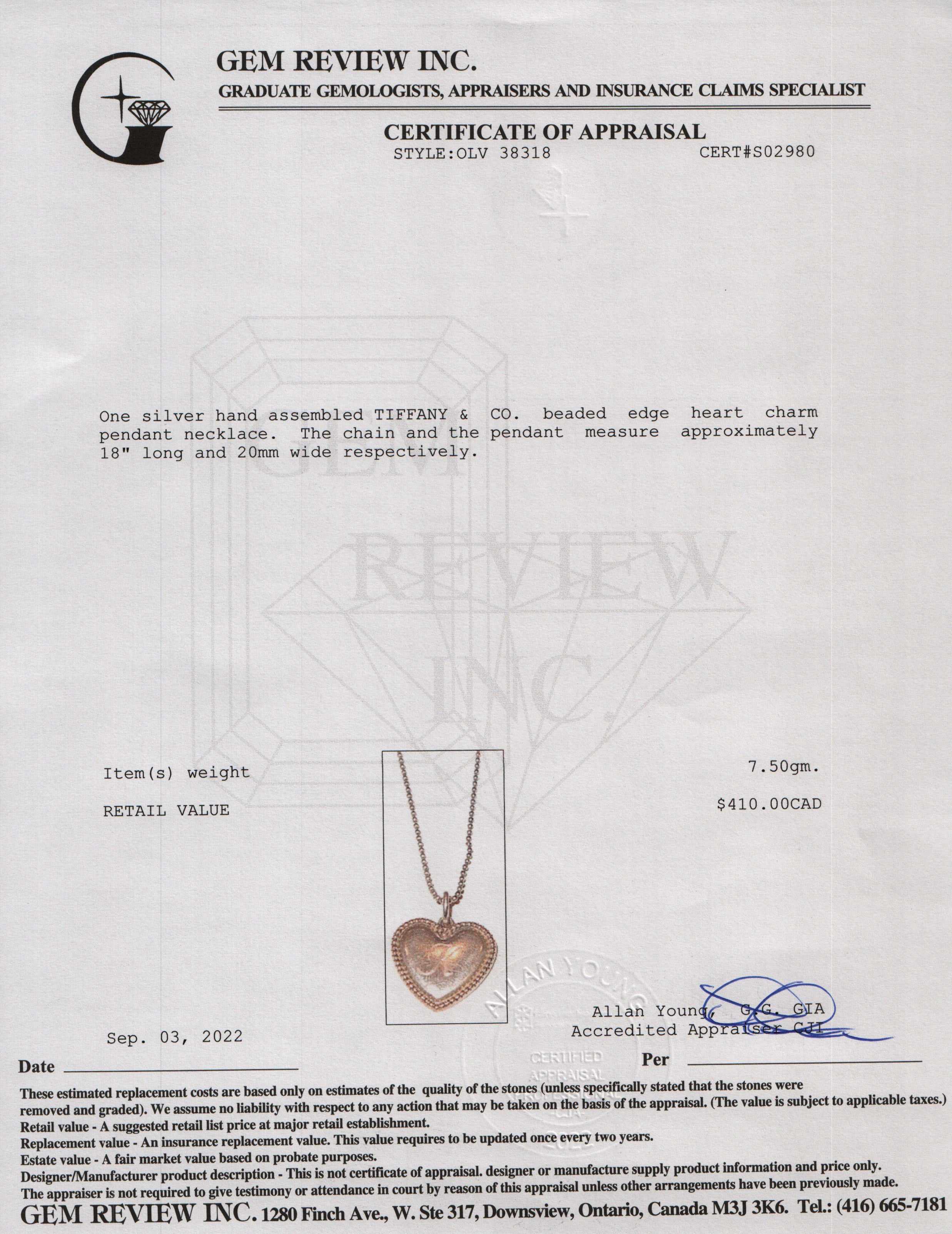 Tiffany & Co. Beaded Edge Heart Charm Pendant Necklace