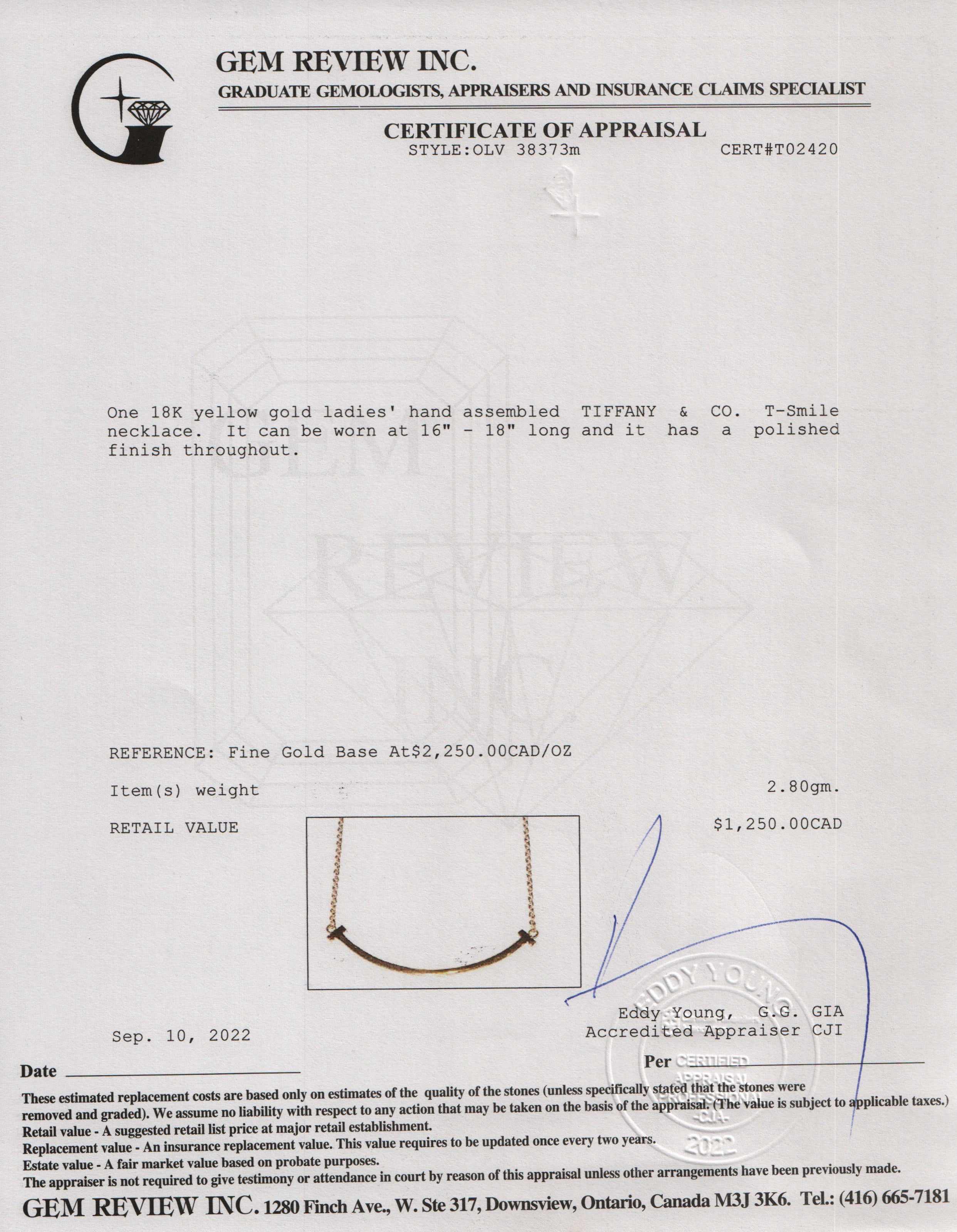 Tiffany & Co. 18k Gold T Smile Pendant Necklace, Small