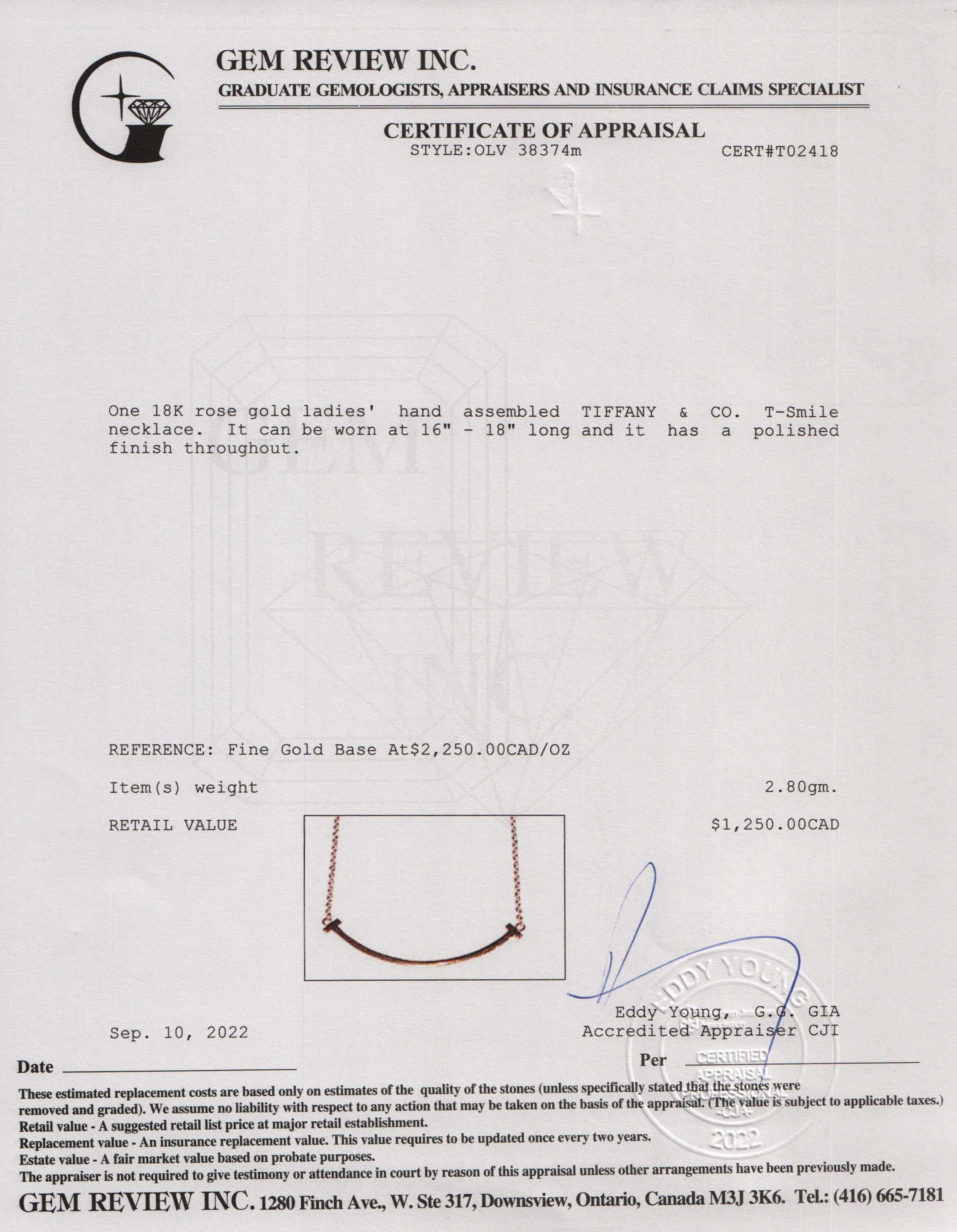 Tiffany & Co. 18k Rose Gold T Smile Pendant Necklace, Small