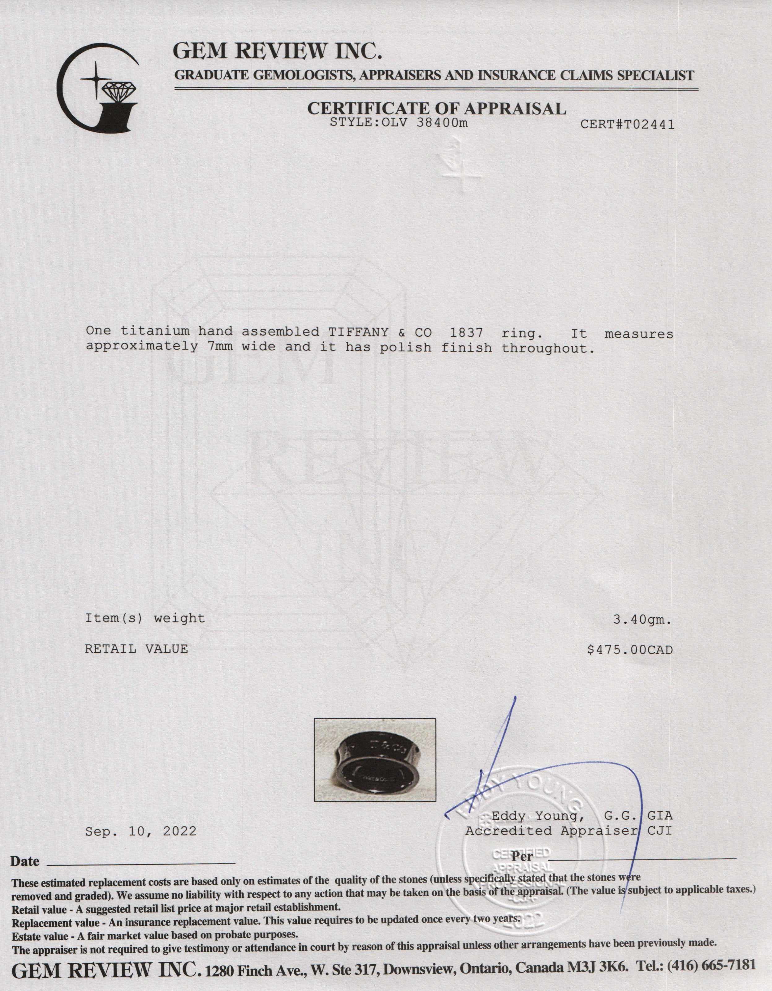 Tiffany & Co. 1837 Titanium Ring