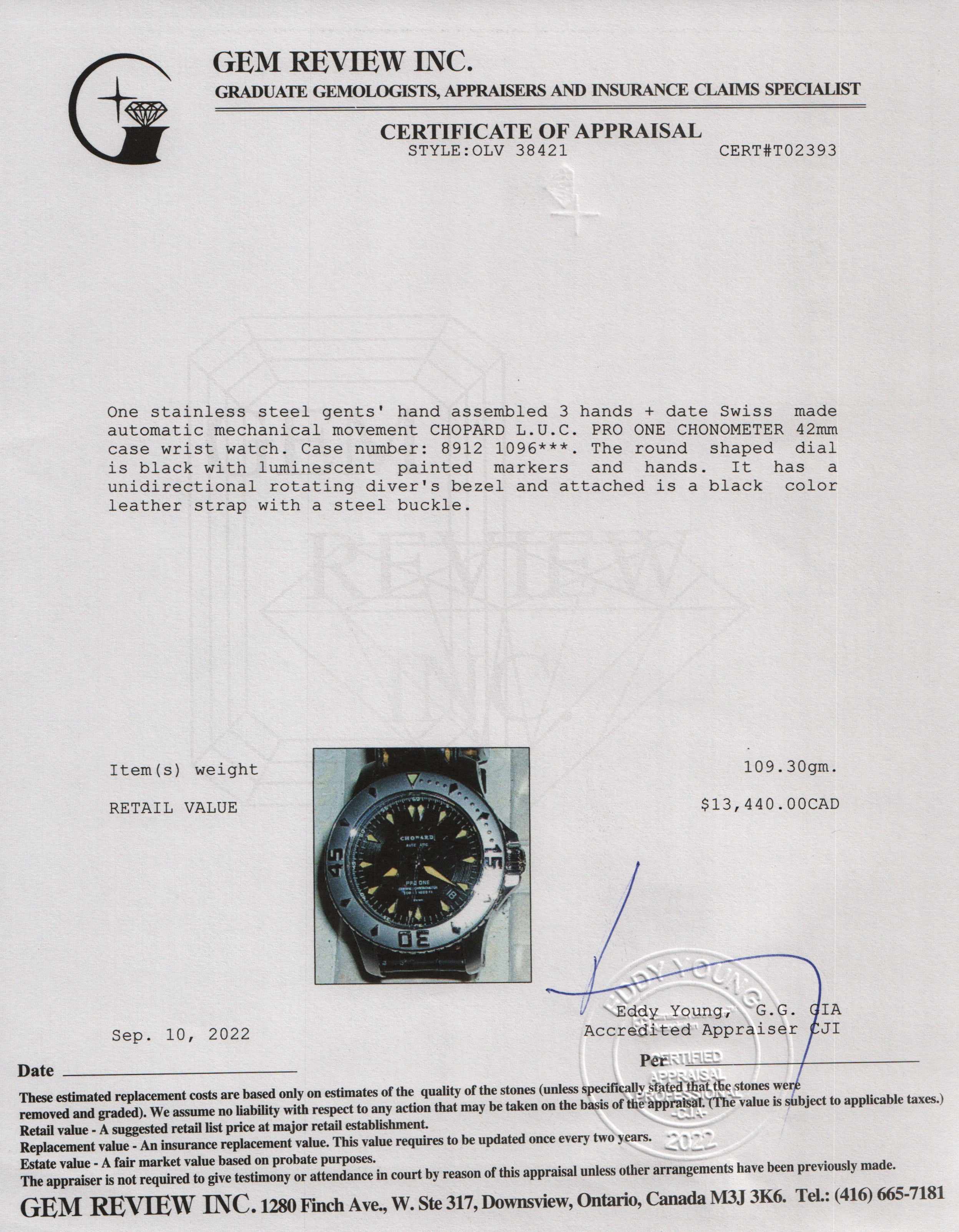 Chopard L.U.C Pro One Automatic Chronometer Watch w/ Box & Papers