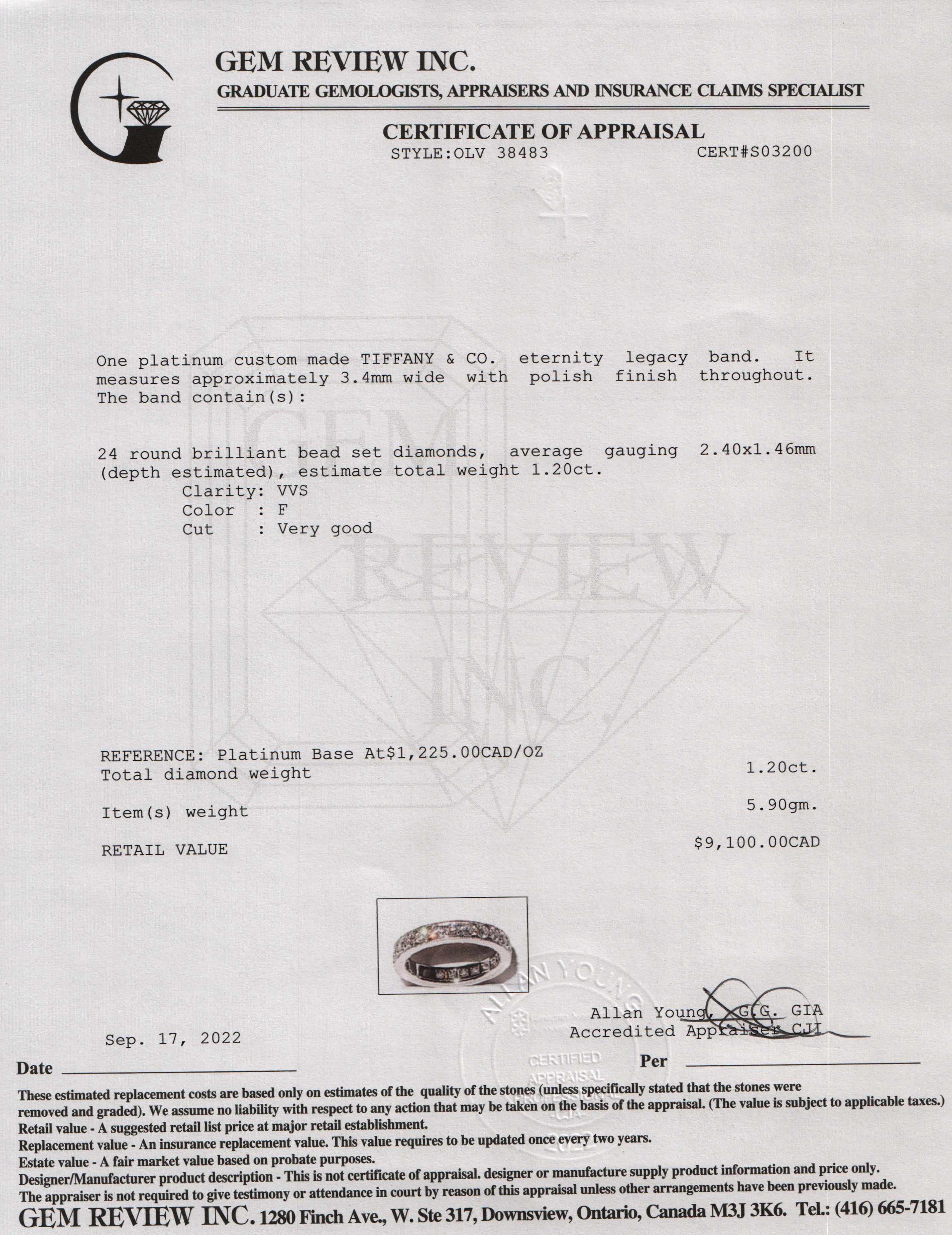 Tiffany & Co. Platinum Diamond Eternity Legacy Band Ring w/ Box & Receipt