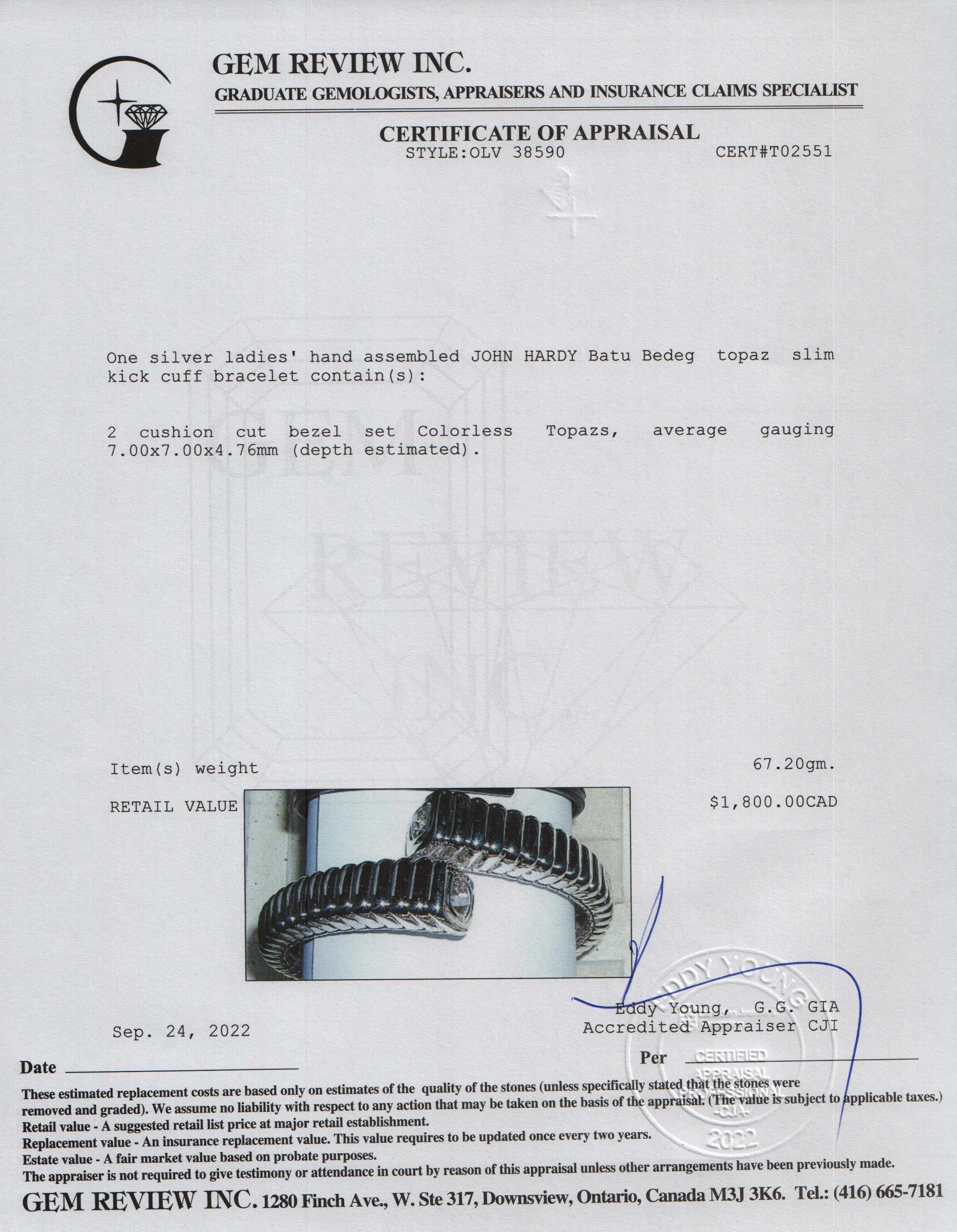 John Hardy Batu Bedeg Topaz Slim Kick Cuff Bracelet