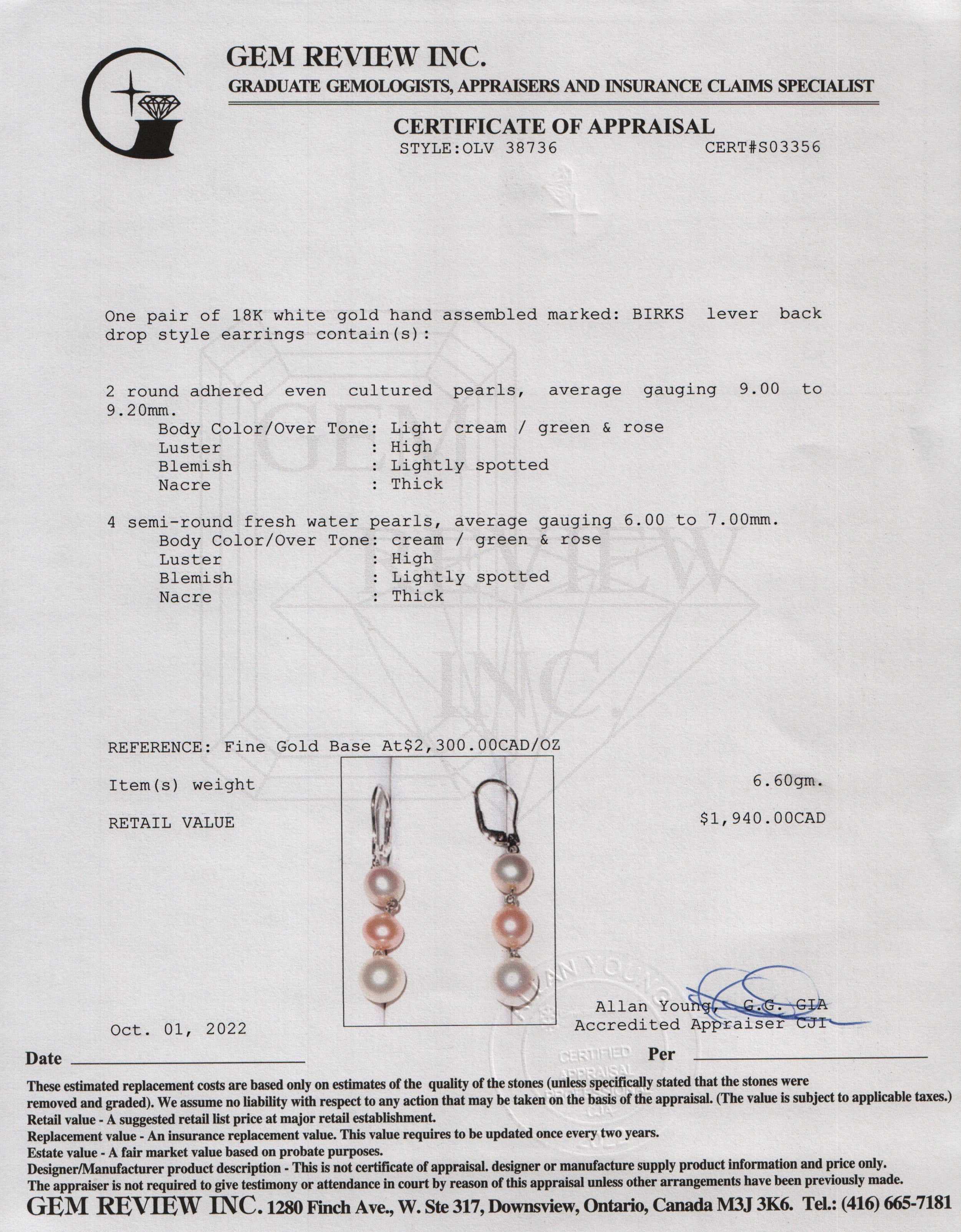 Birks 18k White Gold Pearl Drop Earrings