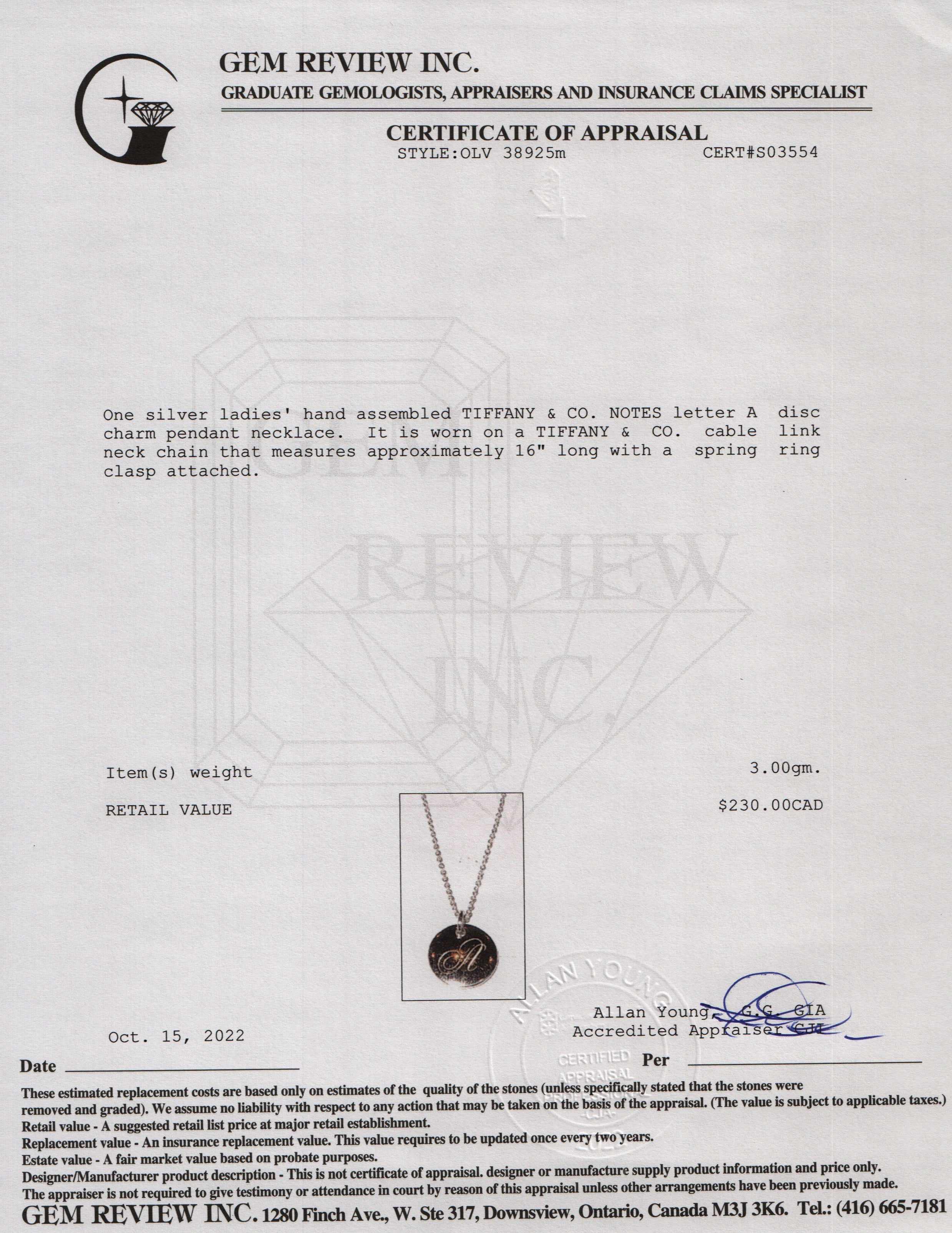 Tiffany & Co. Notes Letter 'A' Disc Charm Pendant Necklace