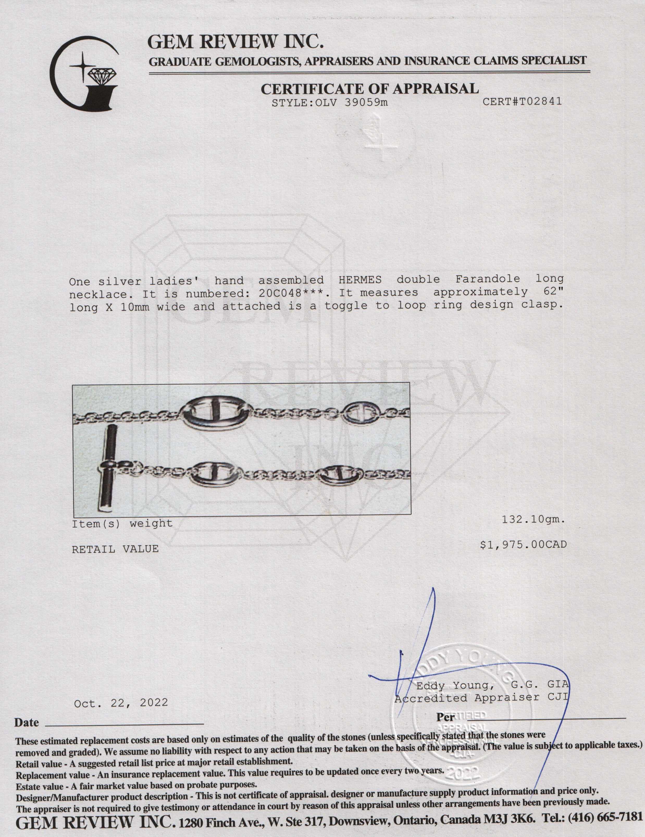 Hermes Sterling Silver Farandole Long Necklace, 160 cm w/ Box