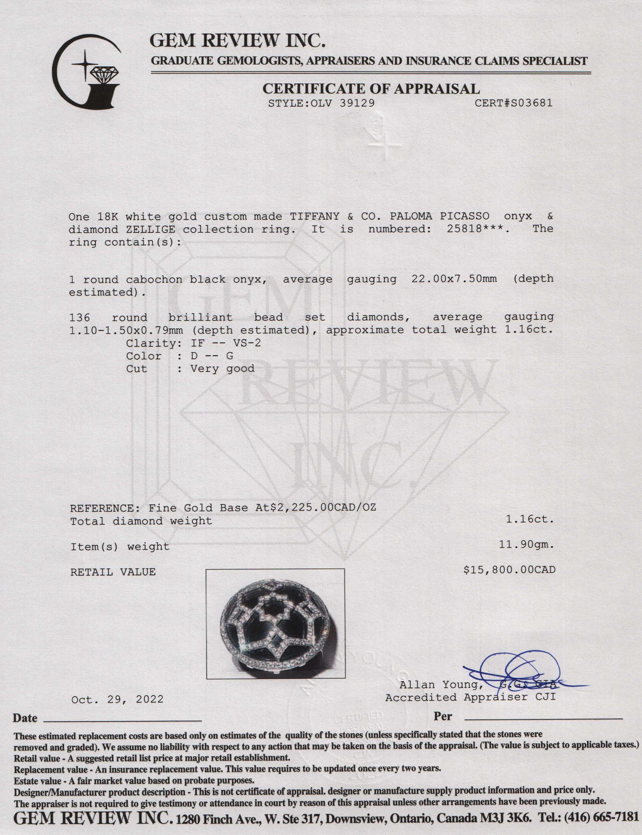 Tiffany & Co. 18k White Gold Paloma Picasso Onyx & Diamond Zellige Ring