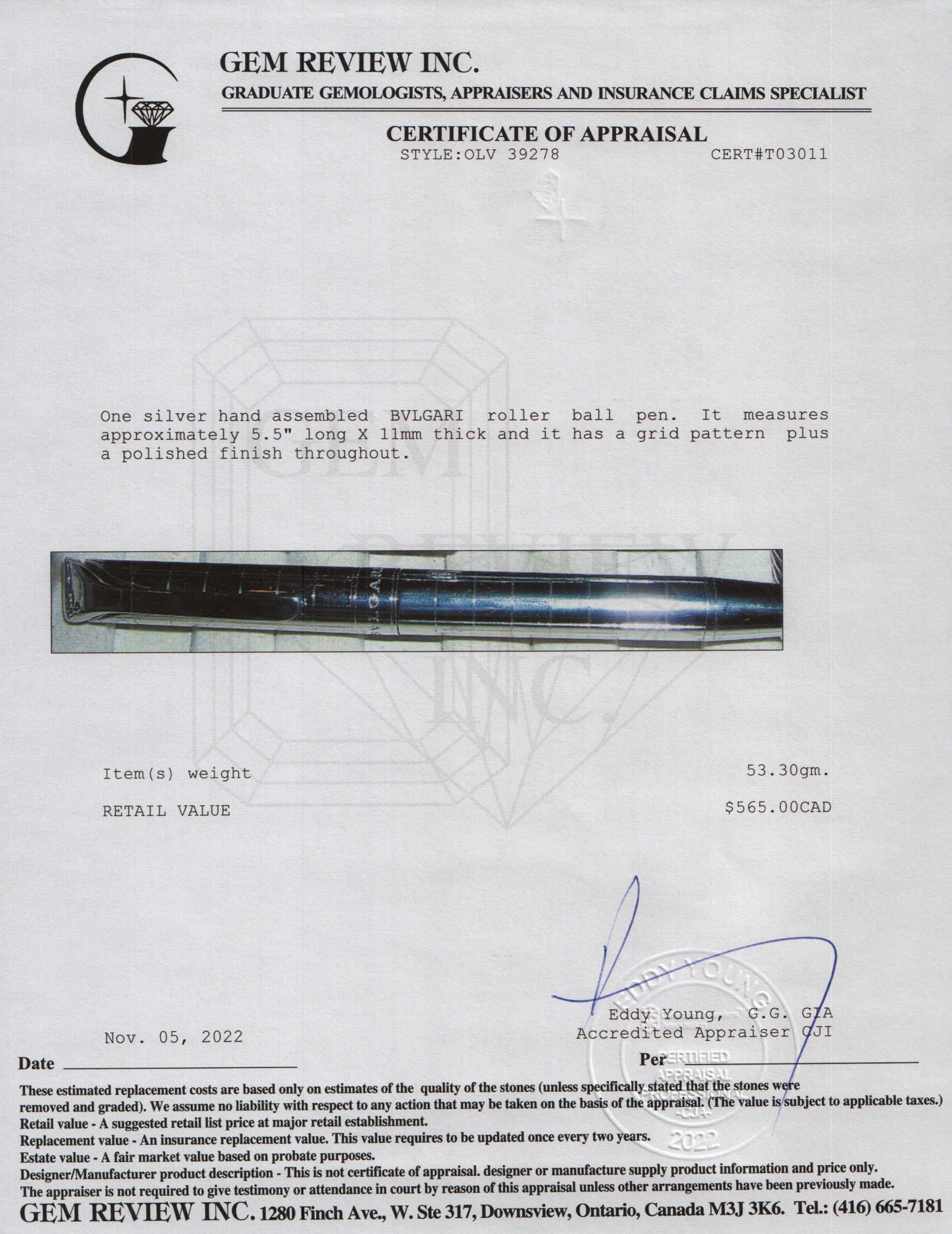 Bvlgari Sterling Silver Rollerball Pen w/ Box