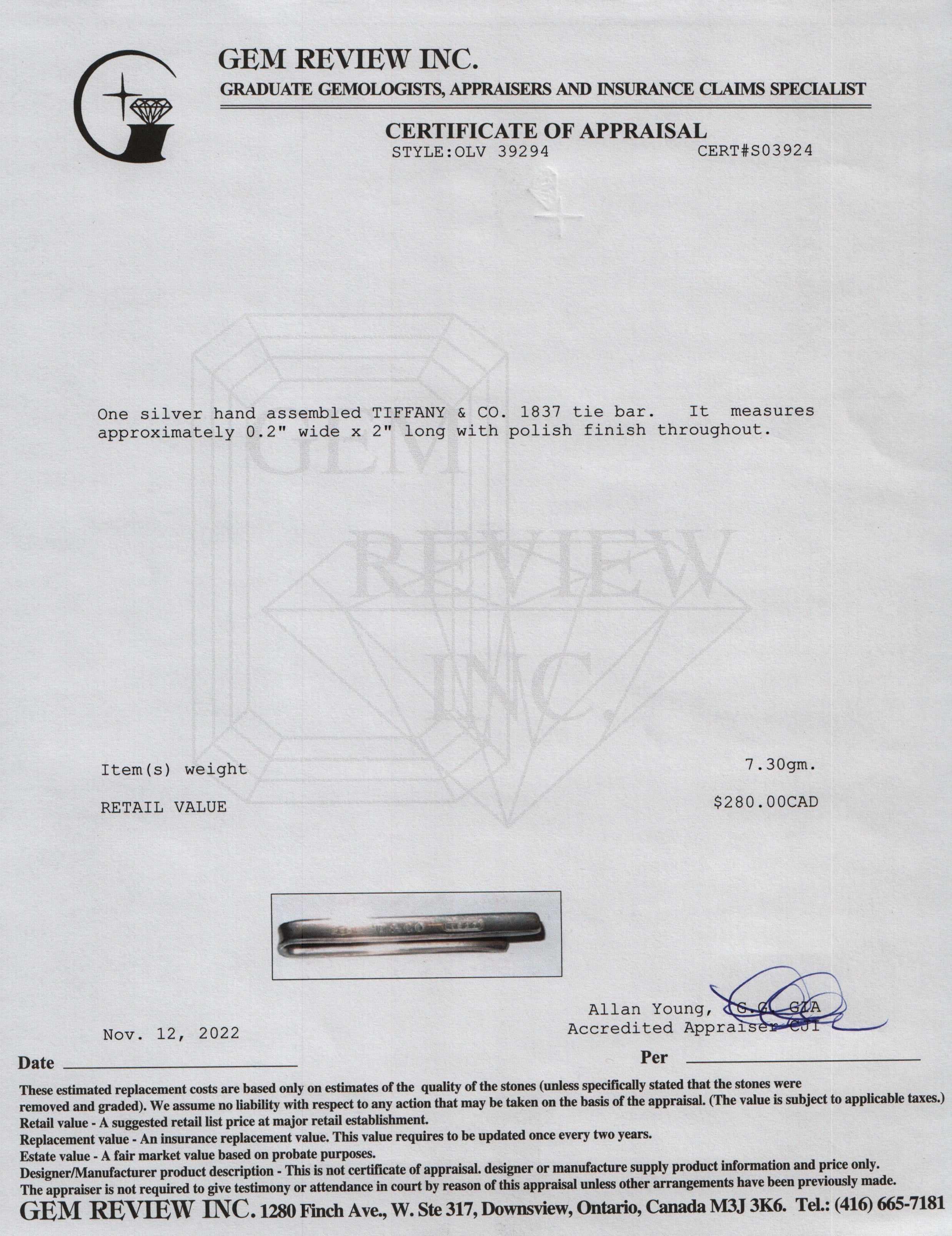 Tiffany & Co. Sterling Silver 1837 Tie Bar