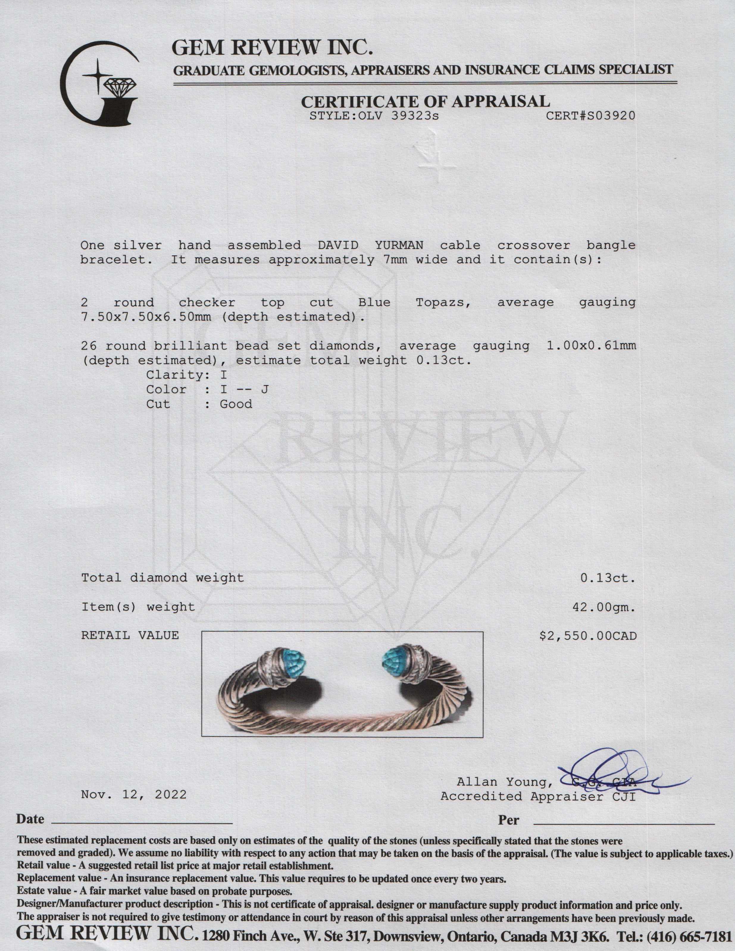 David Yurman Blue Topaz & Diamond 7 MM Cable Crossover Bracelet