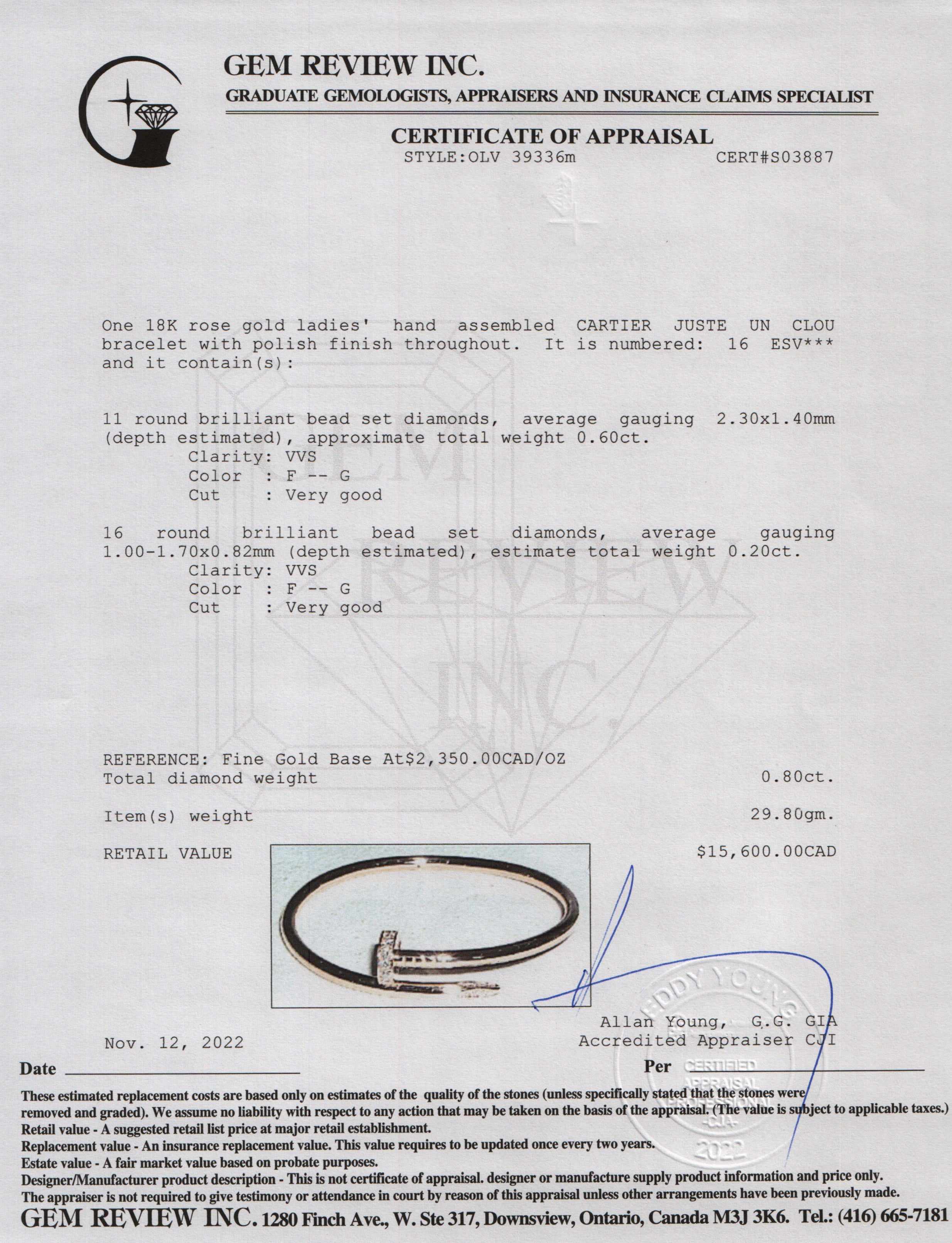 Cartier 18k Rose Gold Juste Un Clou Diamond Bracelet w/ Box & Certificate