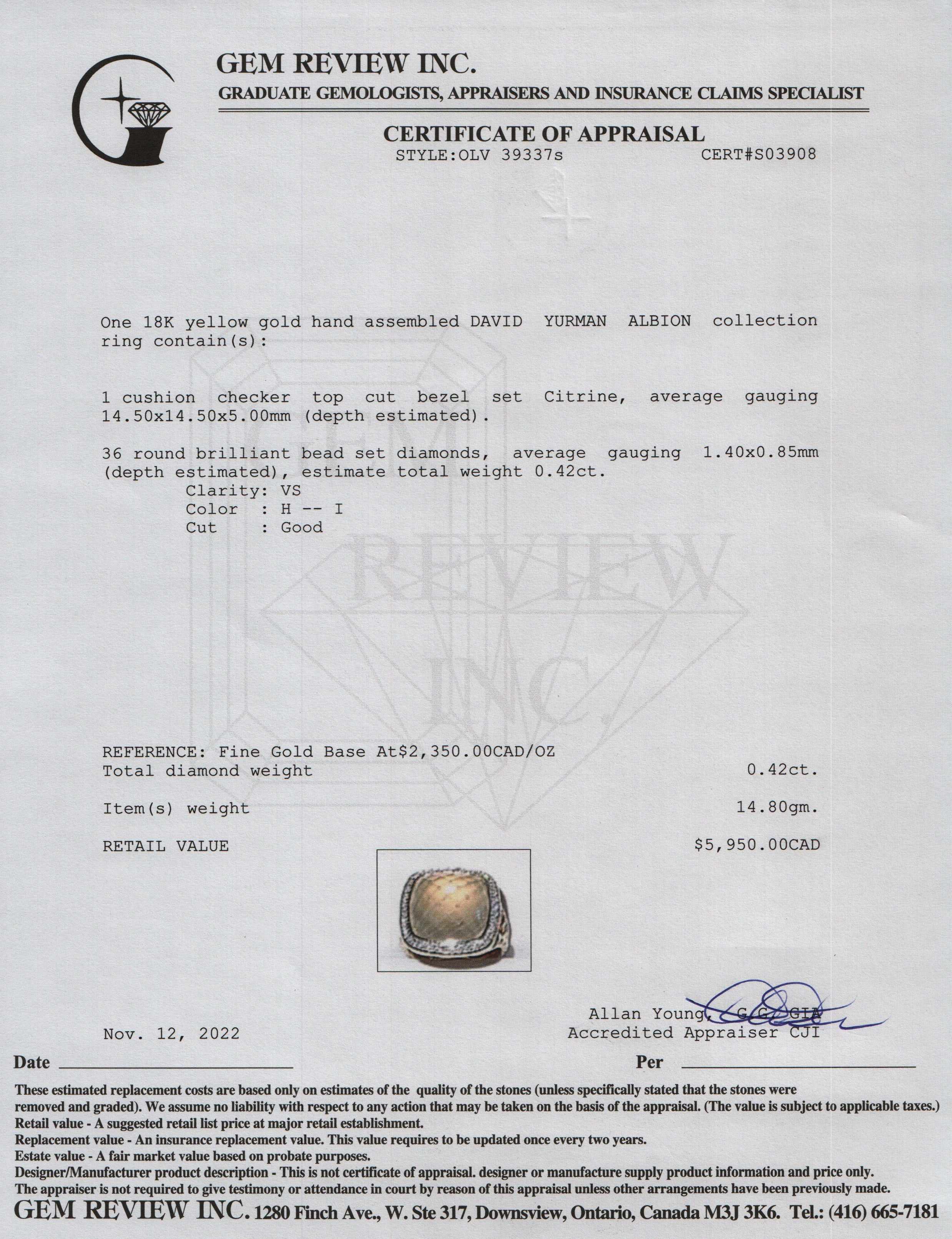 David Yurman 18k Gold Albion Ring with Citrine and Diamonds