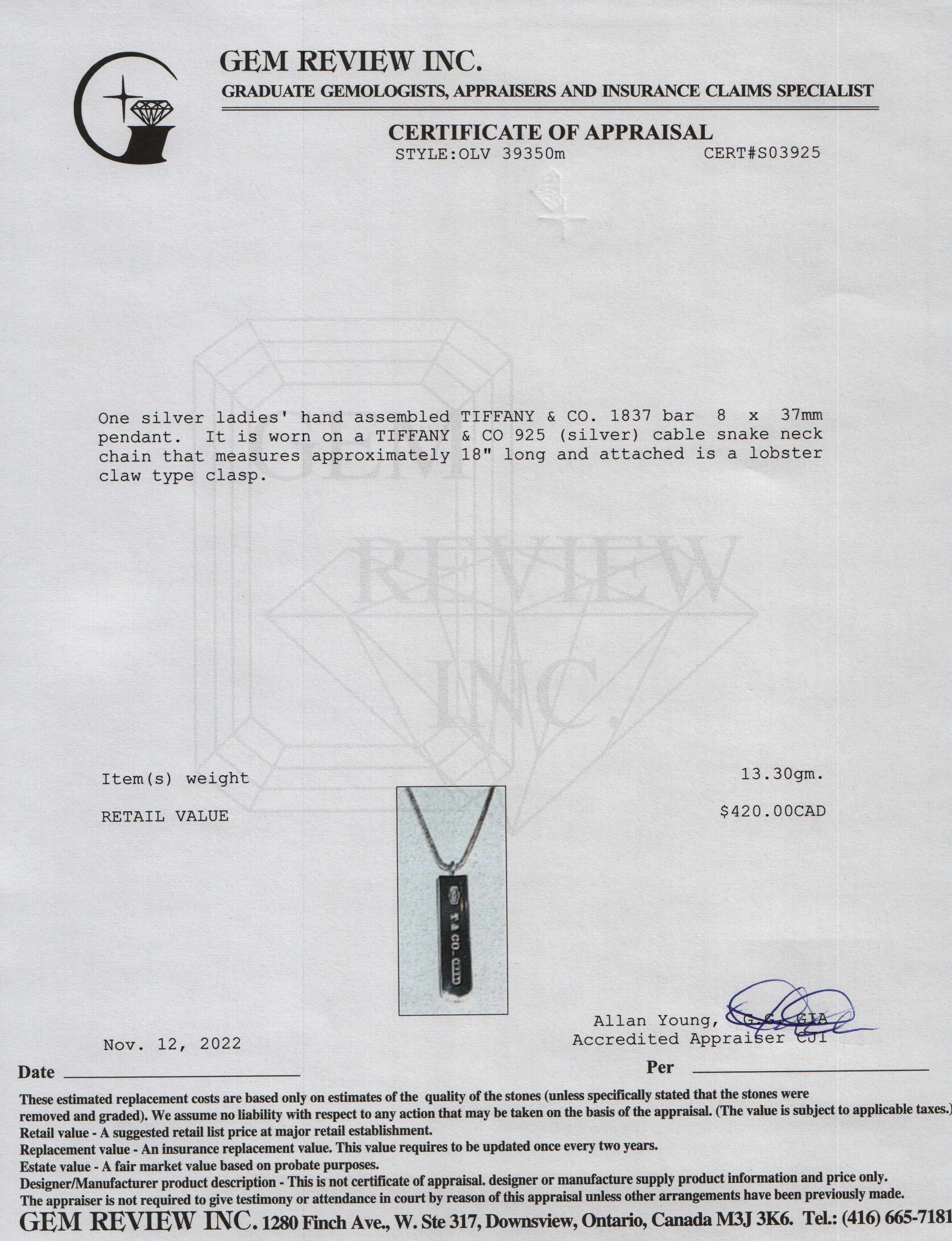 Tiffany & Co. 1837 Bar Pendant Necklace