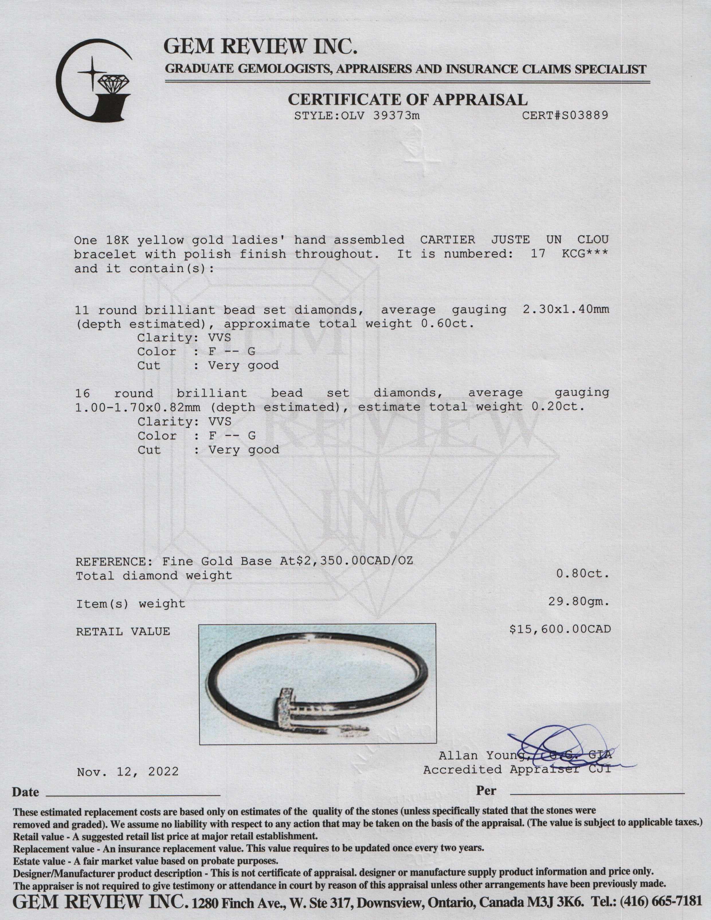 Cartier 18k Yellow Gold Juste Un Clou Diamond Bracelet w/ Box & Certificate