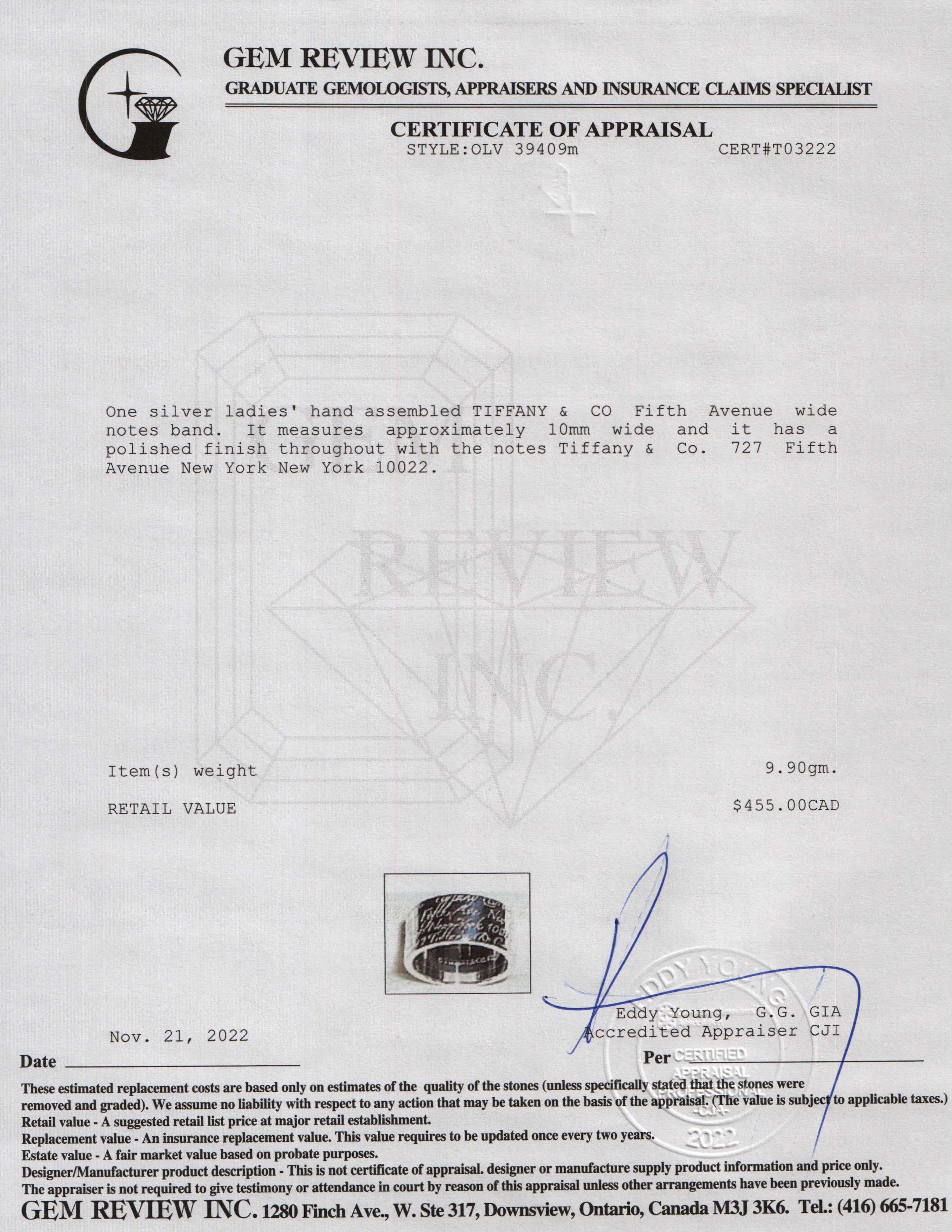 Tiffany & Co. Fifth Ave Wide Notes Band Ring