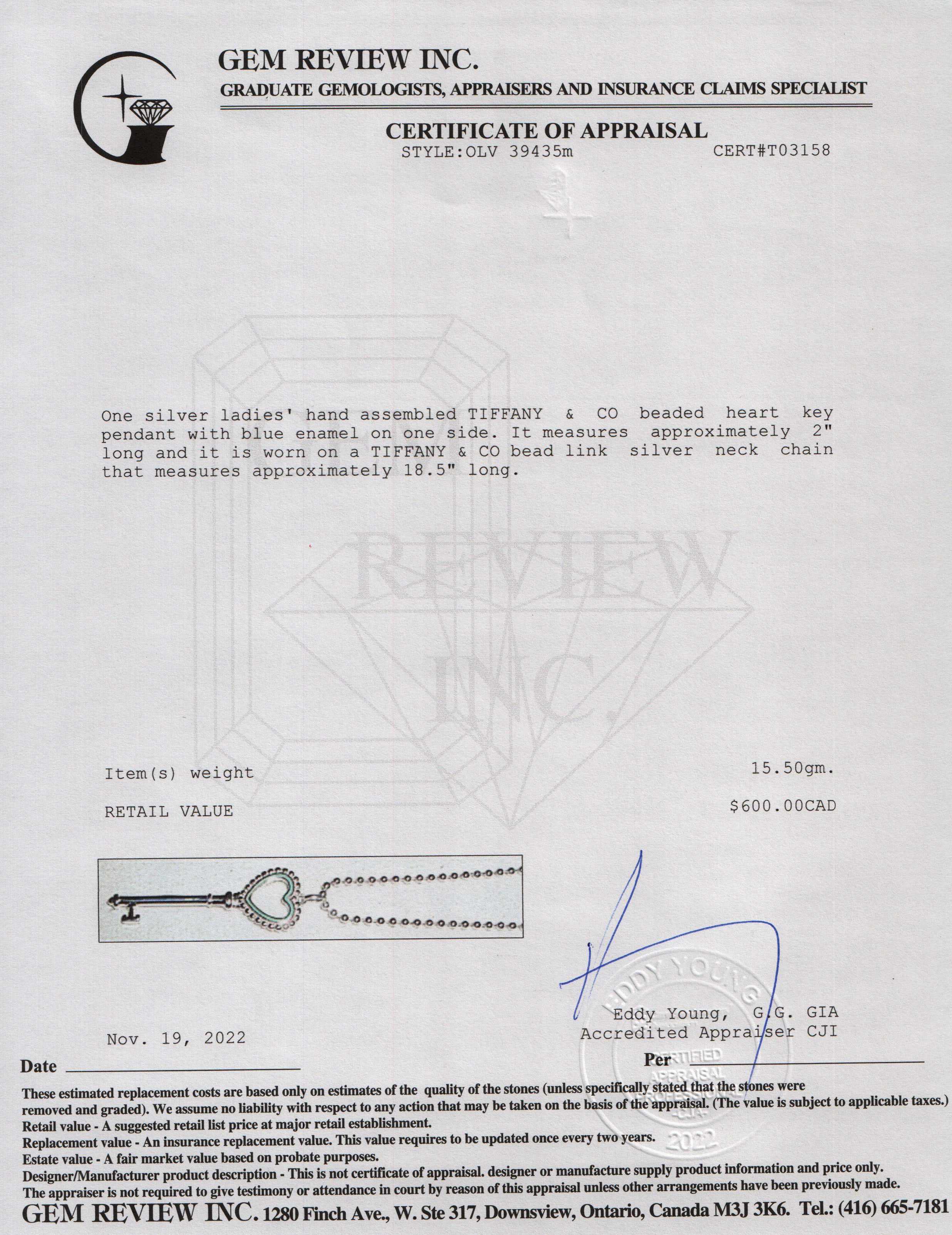 Tiffany & Co. Large Beaded Heart Key Pendant Necklace with Blue Enamel
