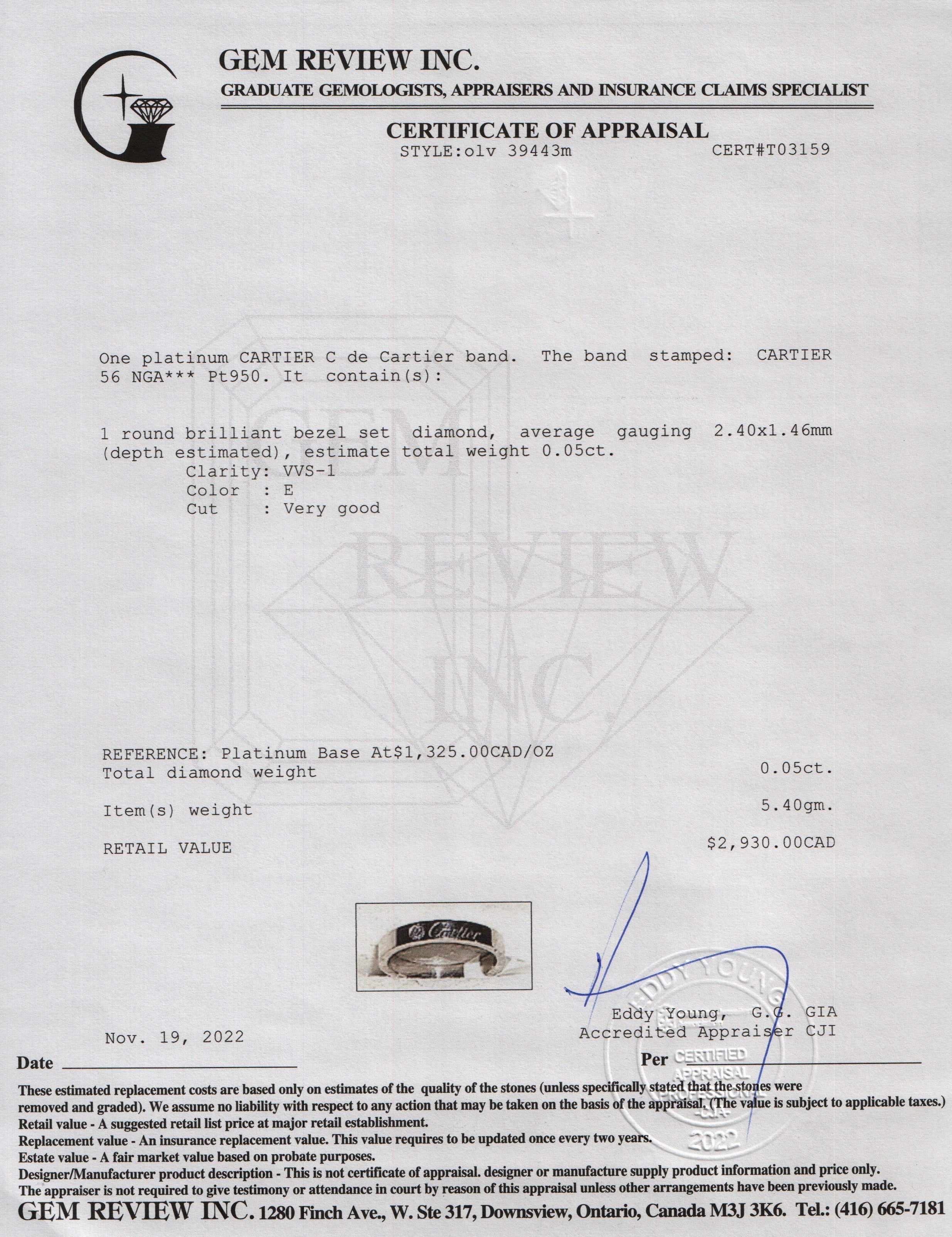 Cartier Platinum C de Cartier Diamond Wedding Band Ring w/ Box & Certificate