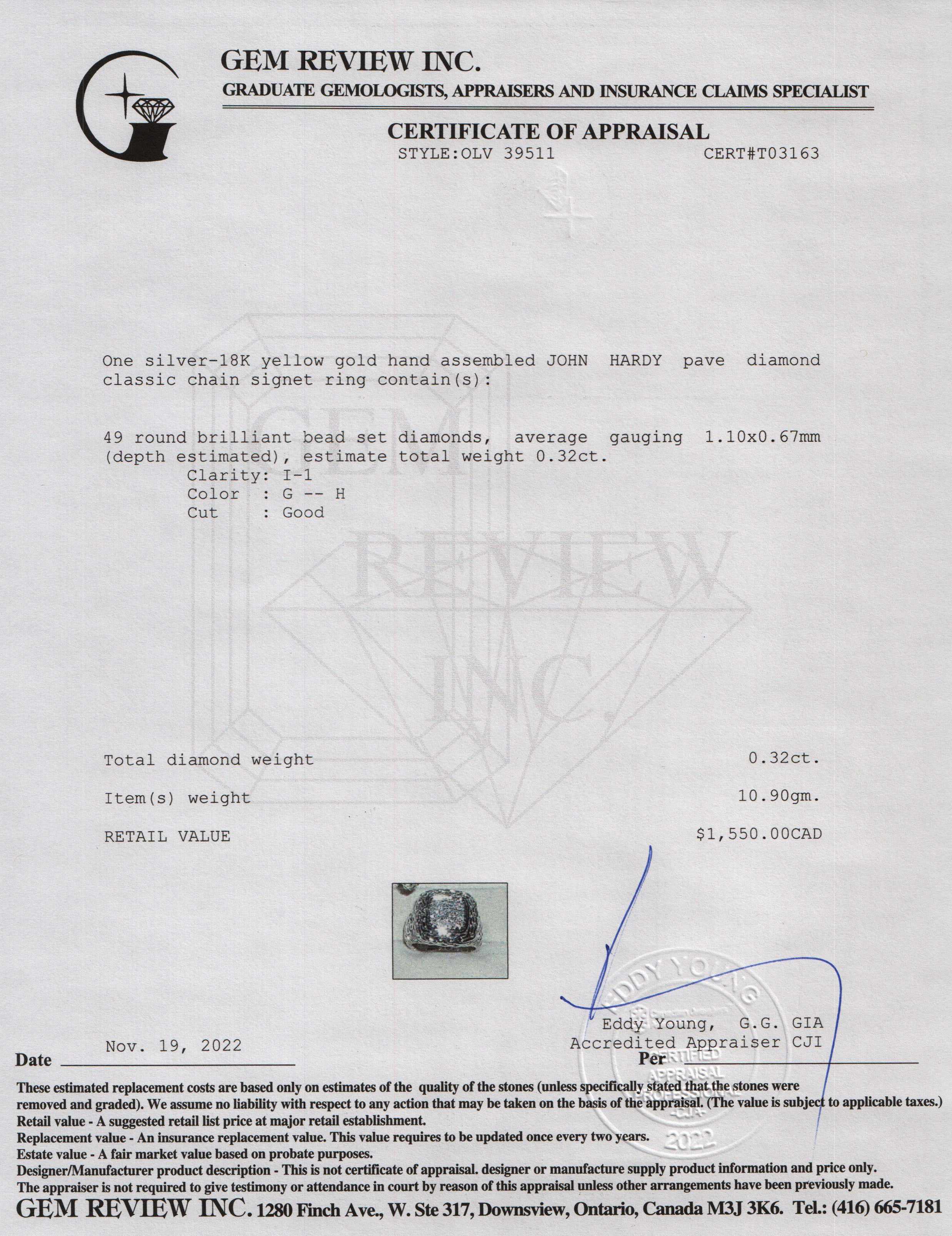 John Hardy Pave Diamond Classic Chain Signet Ring