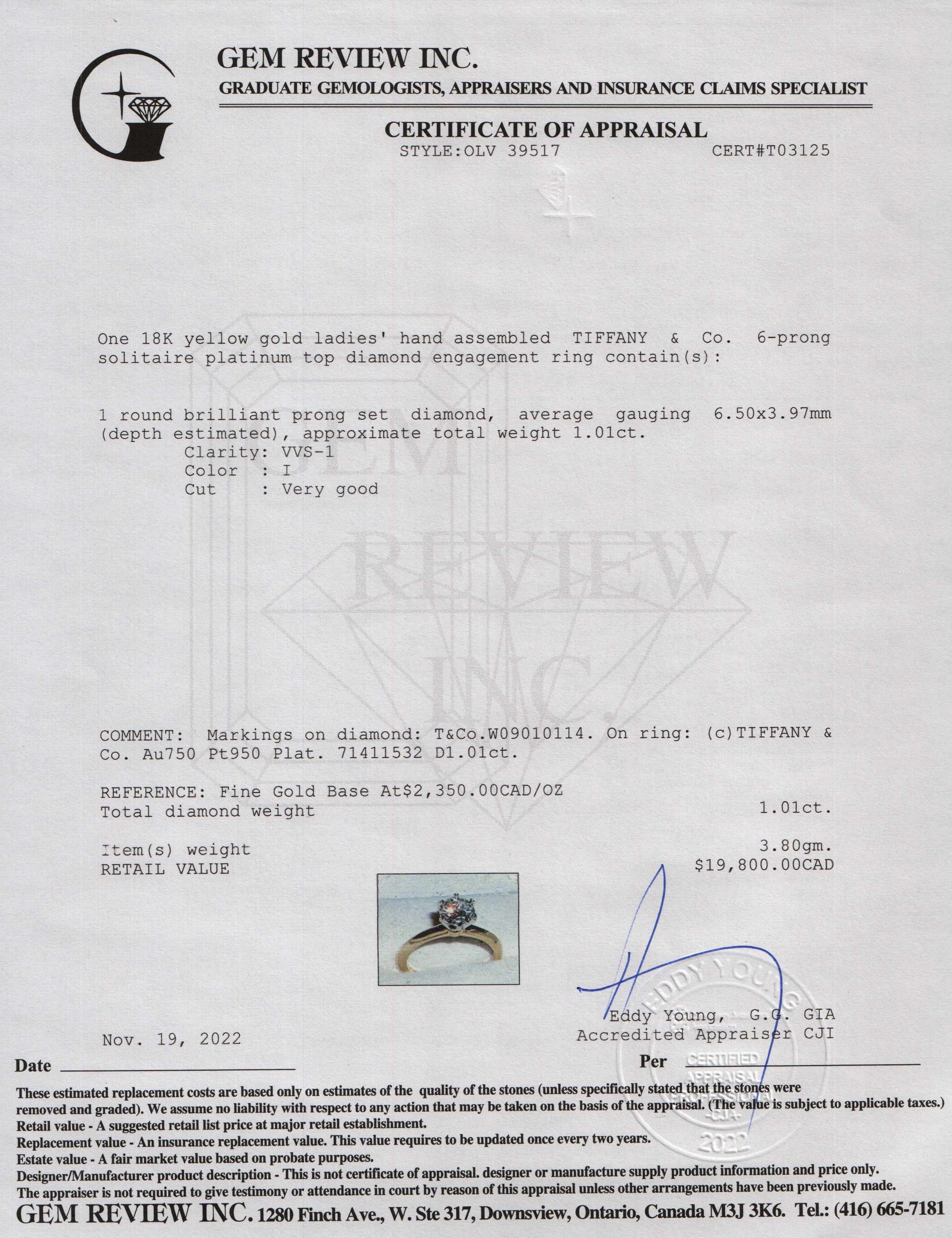 Tiffany & Co. Solitaire 1.01 ct. Diamond Engagement Ring w/ Box & Certificate