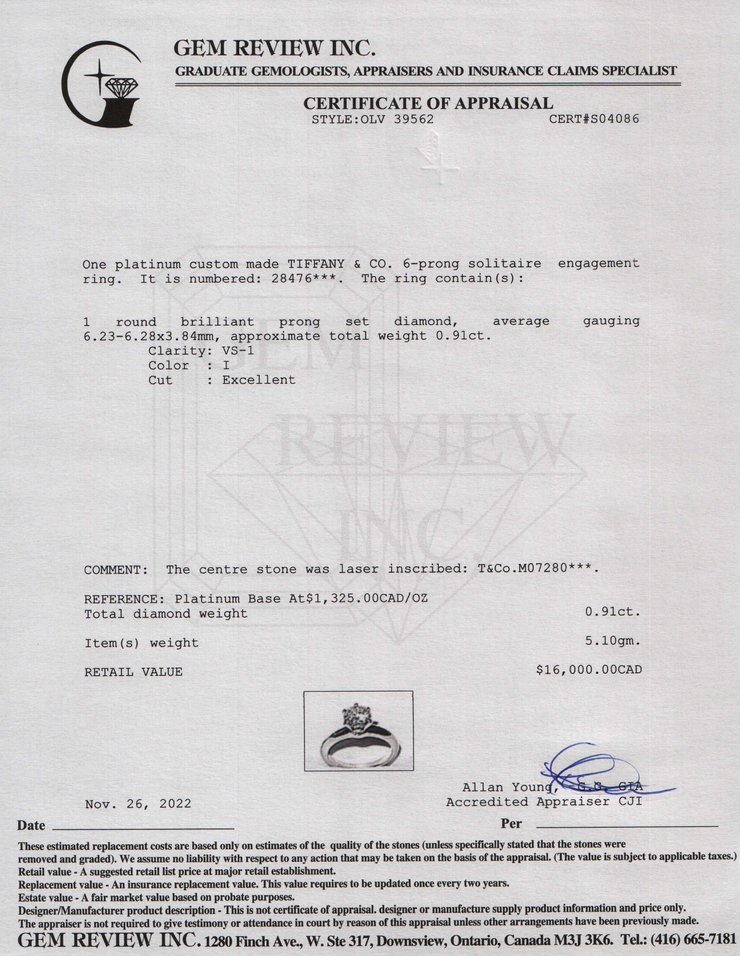 Tiffany & Co. Solitaire 0.91 ct. Diamond Engagement Ring