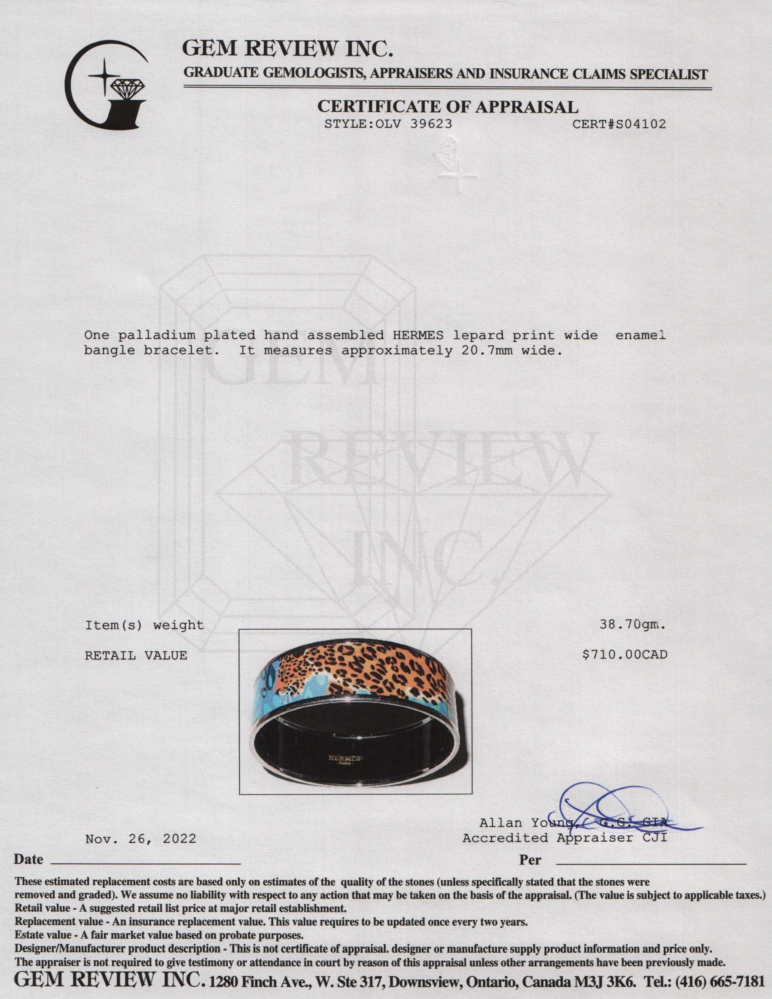Hermes Wide Leopard Print Enamel Bangle Bracelet