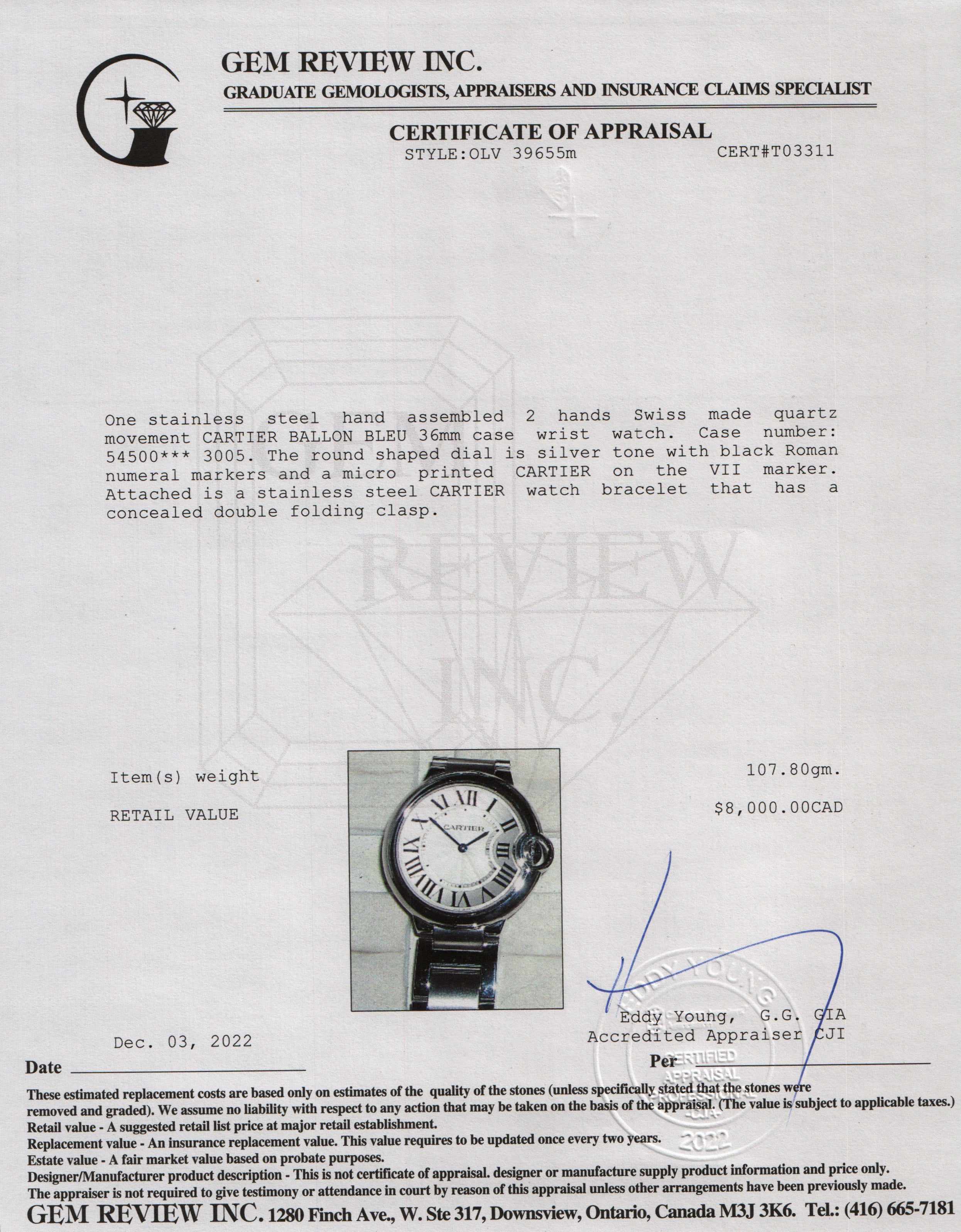 Cartier Ballon Bleu de Cartier Watch w/ Box & Receipt