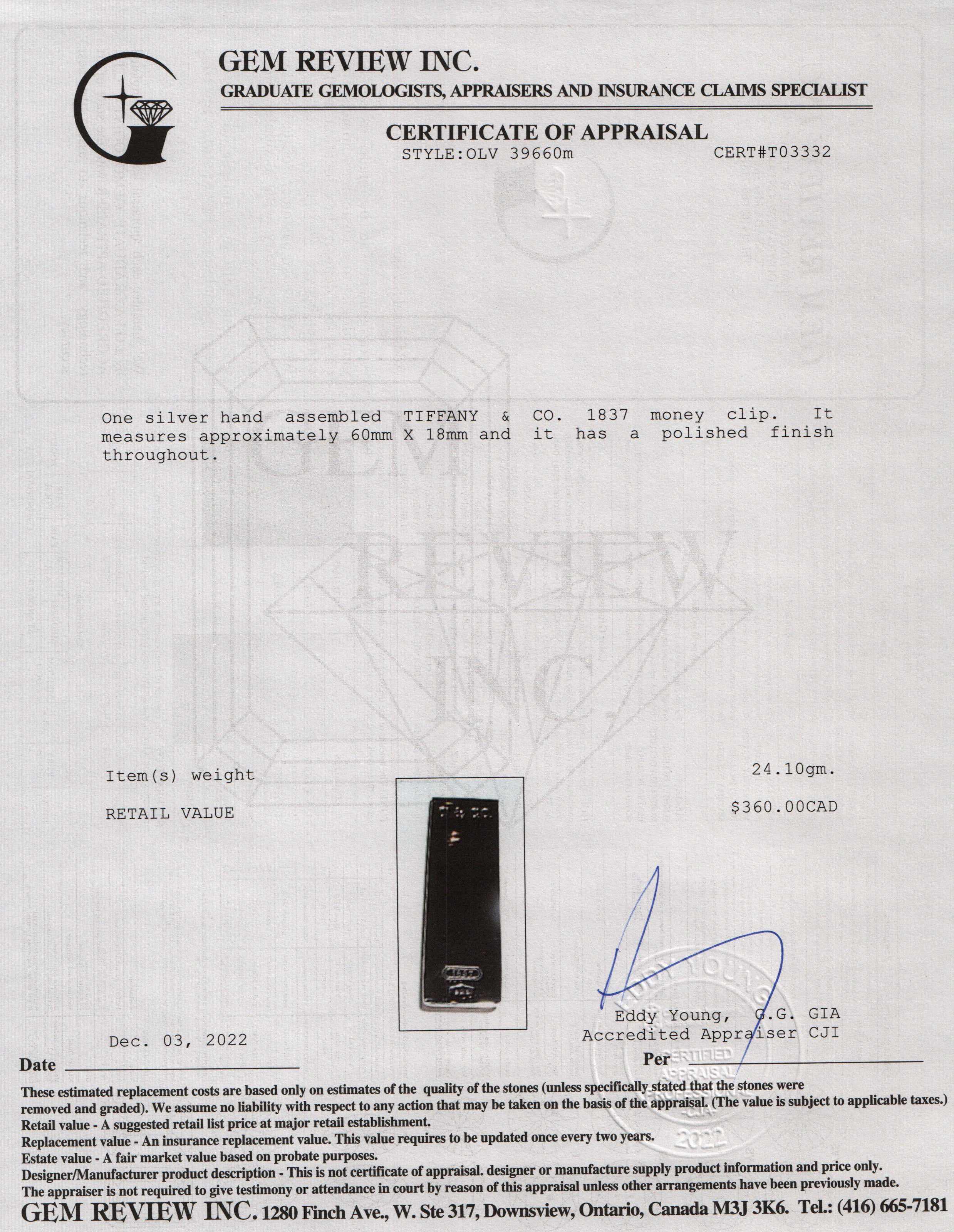 Tiffany & Co. Sterling Silver 1837 Money Clip