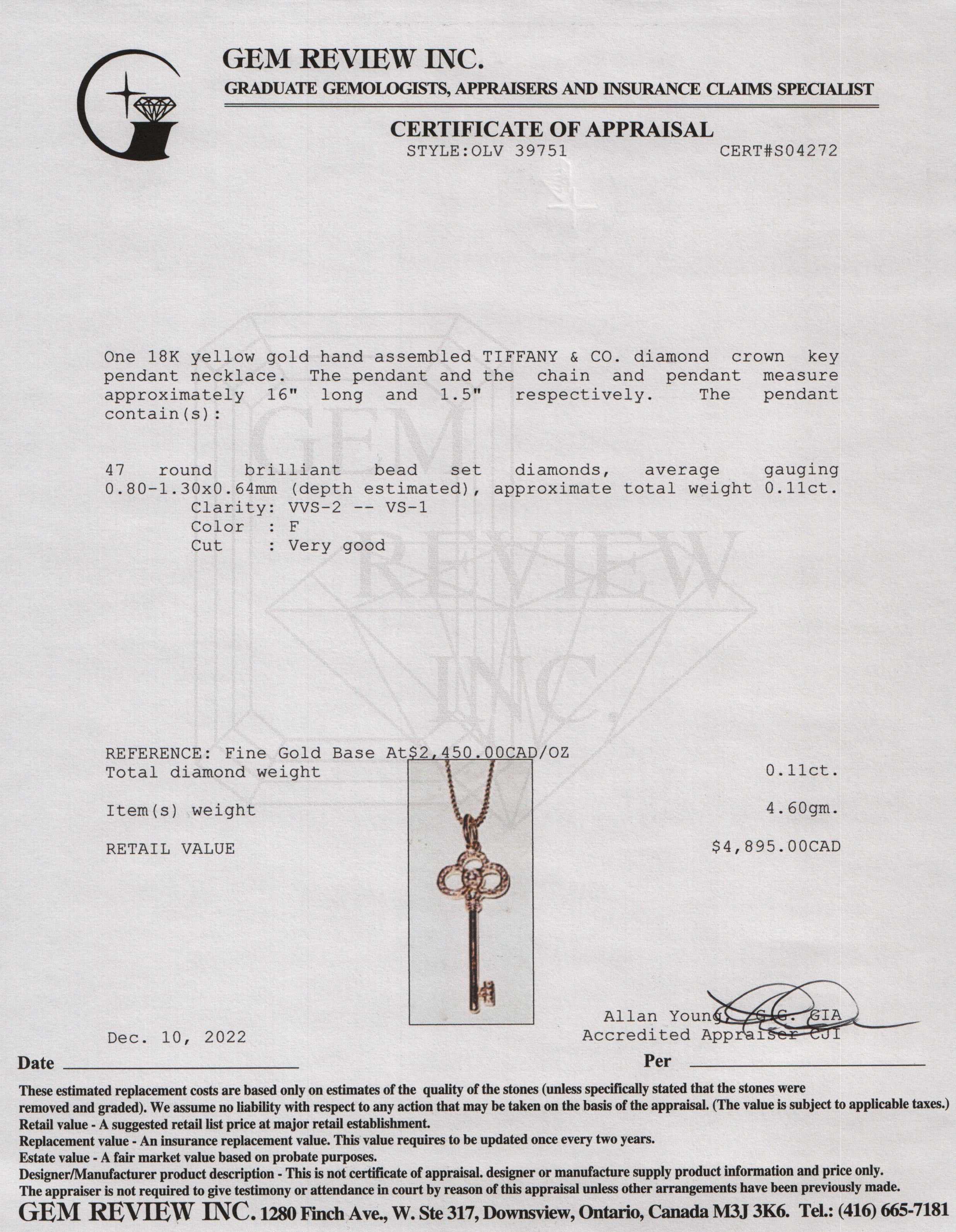 Tiffany & Co. 18k Yellow Gold & Diamond Crown Key Pendant Necklace w/ Box