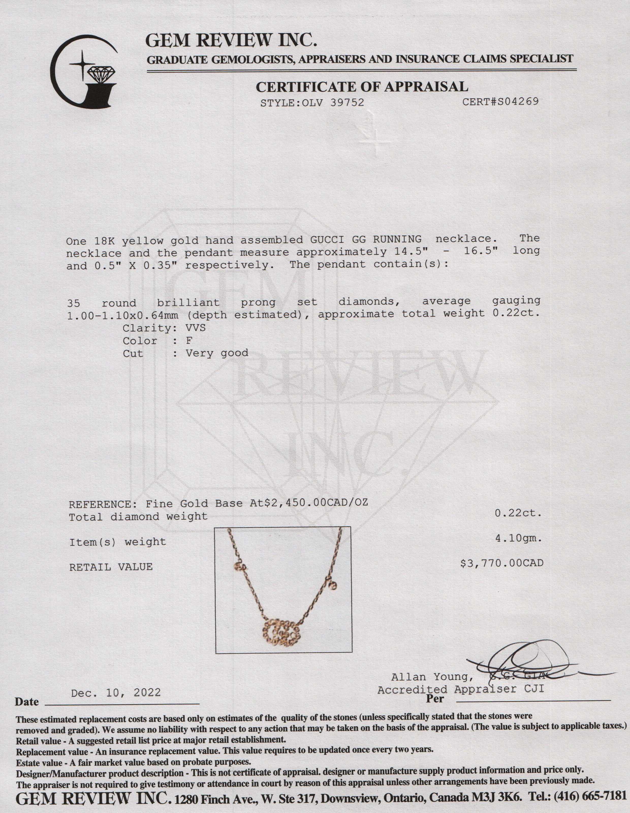 Gucci 18k Yellow Gold GG Running Necklace with Diamonds