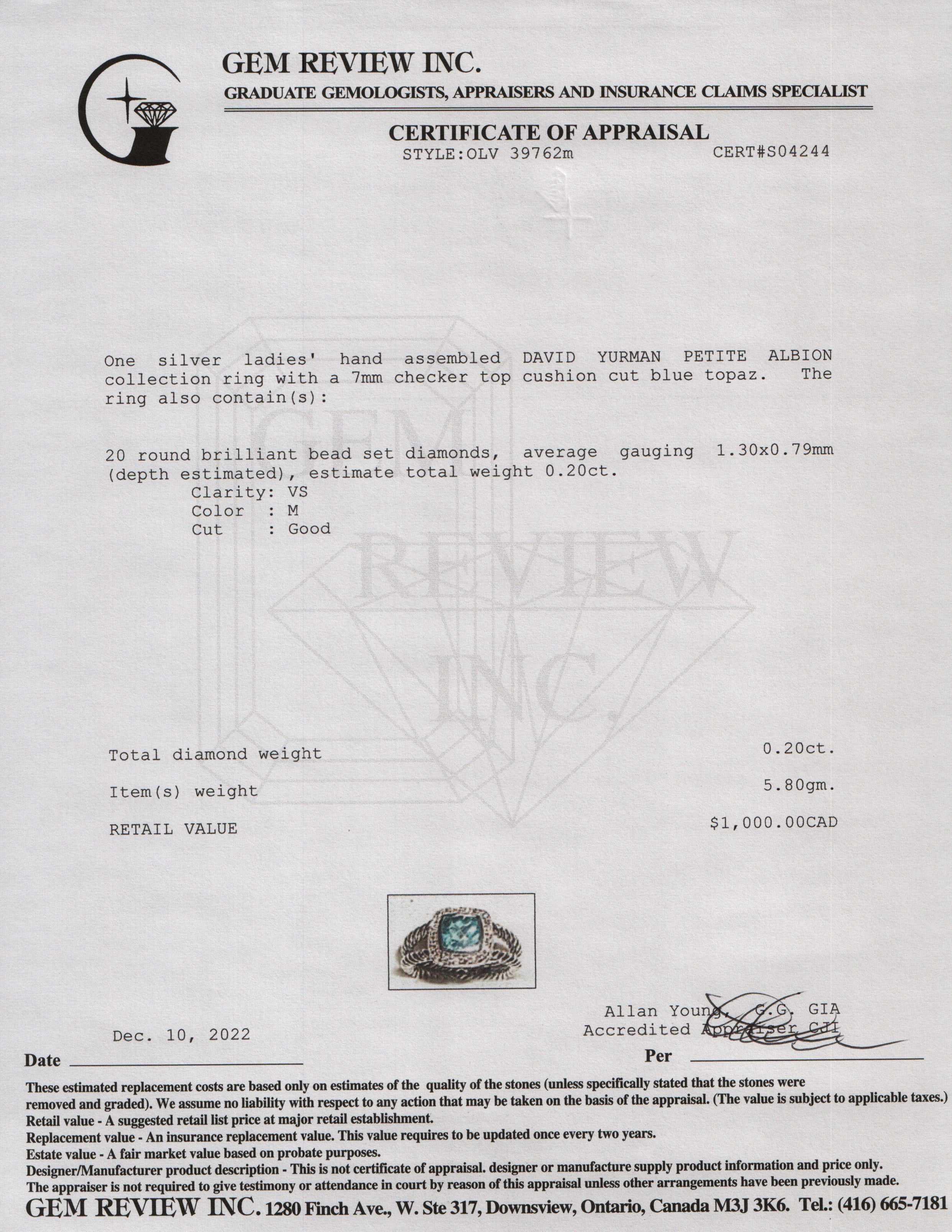 David Yurman Petite Albion Ring with Blue Topaz and Diamonds