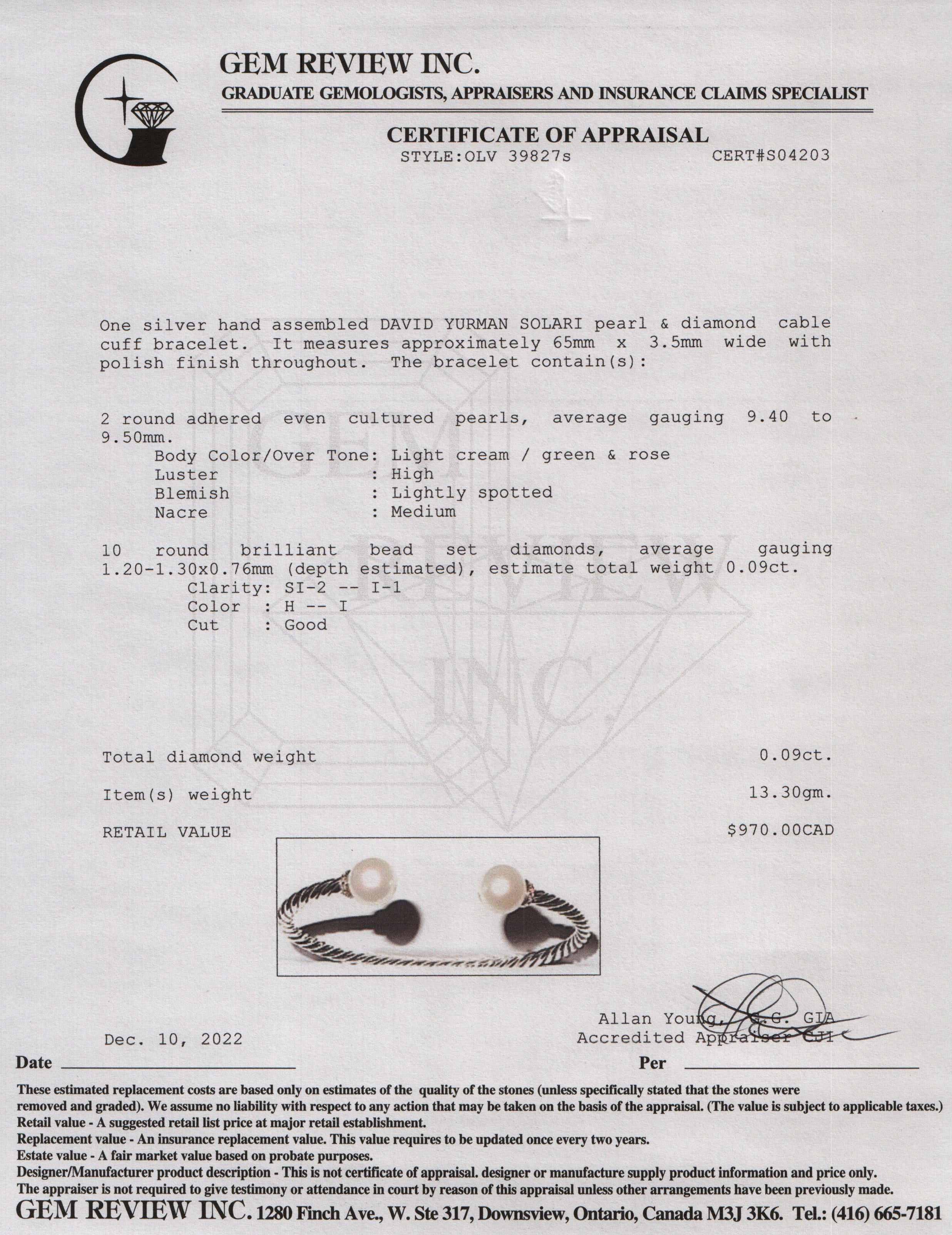 David Yurman Pearl & Diamond Solari Bracelet w/ Box